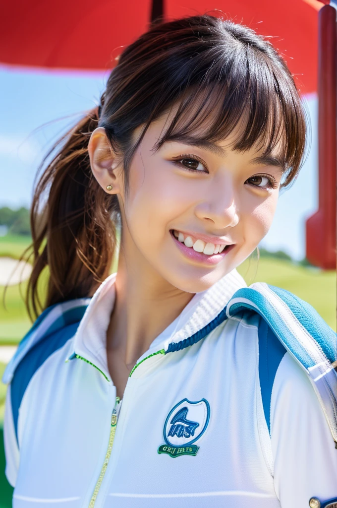 zydG, 1girl, detailed skin, looking at viewer, brown eyes, (ponytail with bangs:1.2), (large breasts:1.0), (large areolae:0.8), smile with white teeth,
(photorealistic:1.4), (best quality:1.0), (ultra highres:1.0), 8k, RAW photo, (masterpiece:0.2), (golfwear:1.4), (sweat, wet:1.1), portrait, face focus,
(pureerosface_v1:0.5) [golf course]