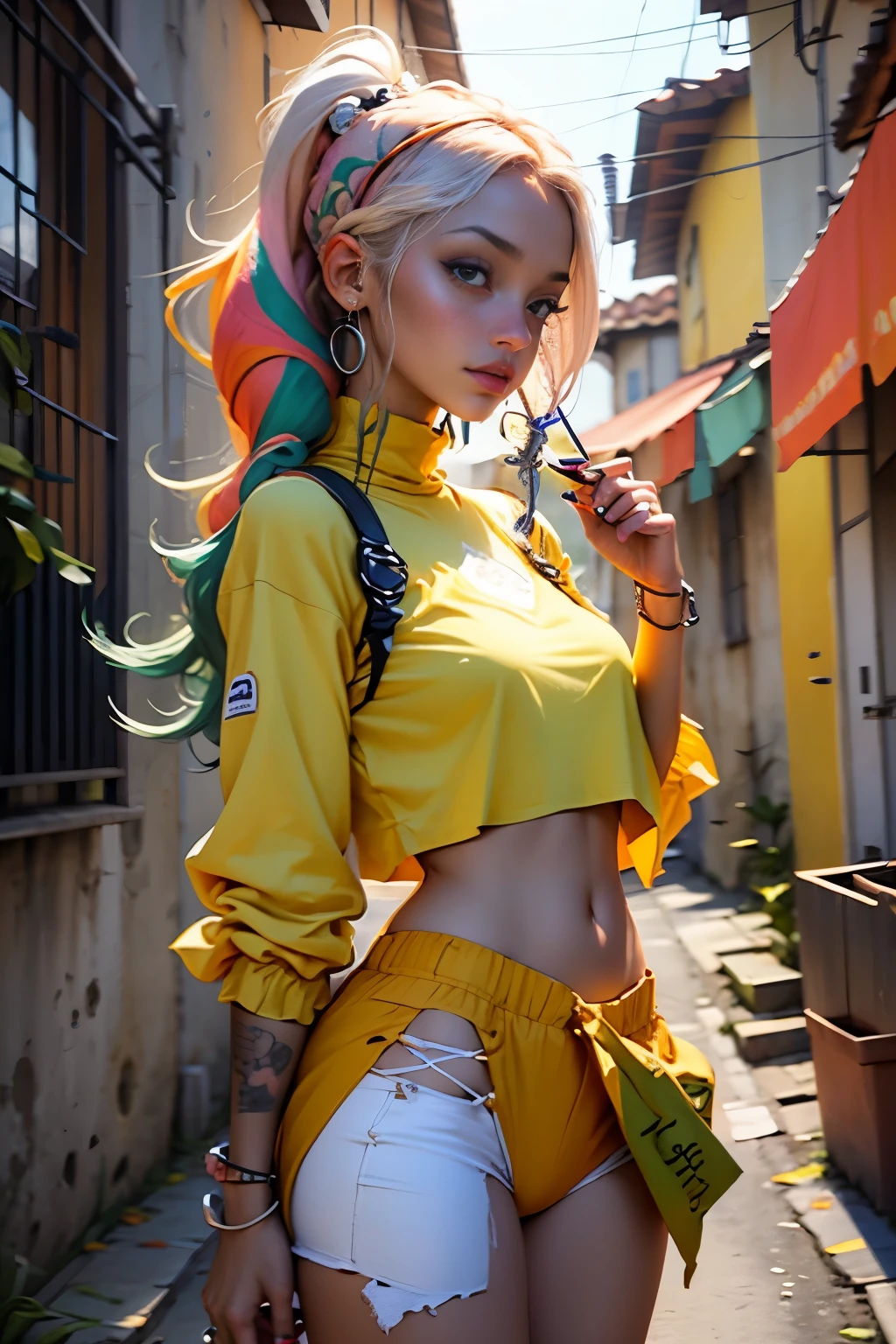 verde: 1.5, laranja: 1.1, Branco: 1.3, amarelo: 1.3, (garota rapper caucasiana com cabelo moicano colorido raspado dos lados), tatuagens, (roupas puffer do poder: 1.2), buds, Adesivos, flor, folhas, mistborn, linhas, background circles