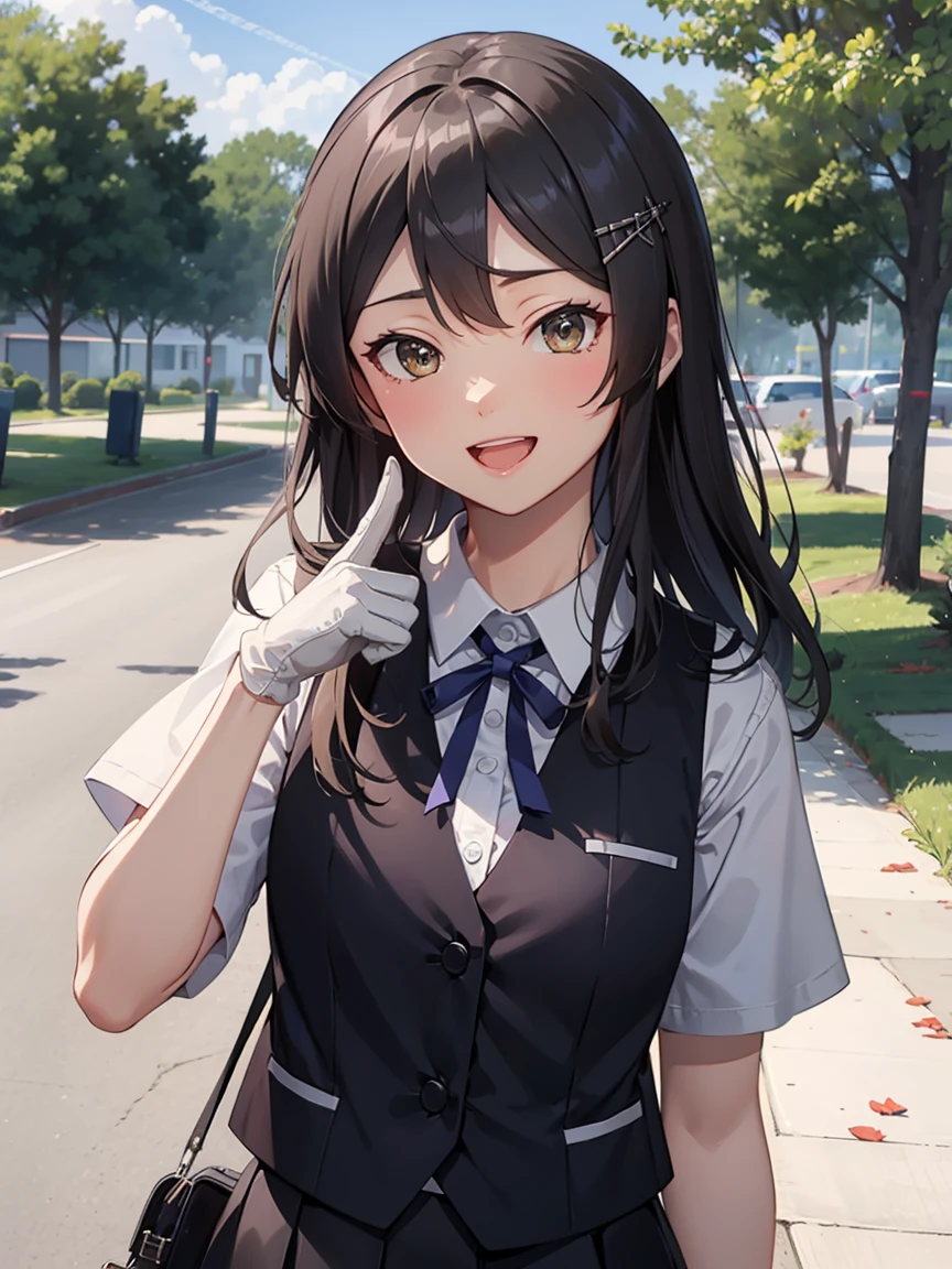 oyashio, hairclip, black vest, white shirt, blue ribbon, neck ribbon, short sleeves, black skirt, pleated skirt, white gloves, (small breasts:1.2), (little body:1.2), (short stature:1.2), 1 little gilr , solo, 
BREAK
(sfw), tilted head, puff out your ches, put hand on breast, (bust up shot:1.2), 
BREAK
(;d:1.2), smile, blush
BREAK
official art, best masterpiece, best quality, best resolution, 8K, best detailed, highly detailed hands, highly detailed fingers, very detailed mouth, perfect anatomy, 
BREAK
on the beach, clear sky, contrail, dust, dust, light particles, facing to viewer, , very fine and detailed 16KCG wallpapers, 