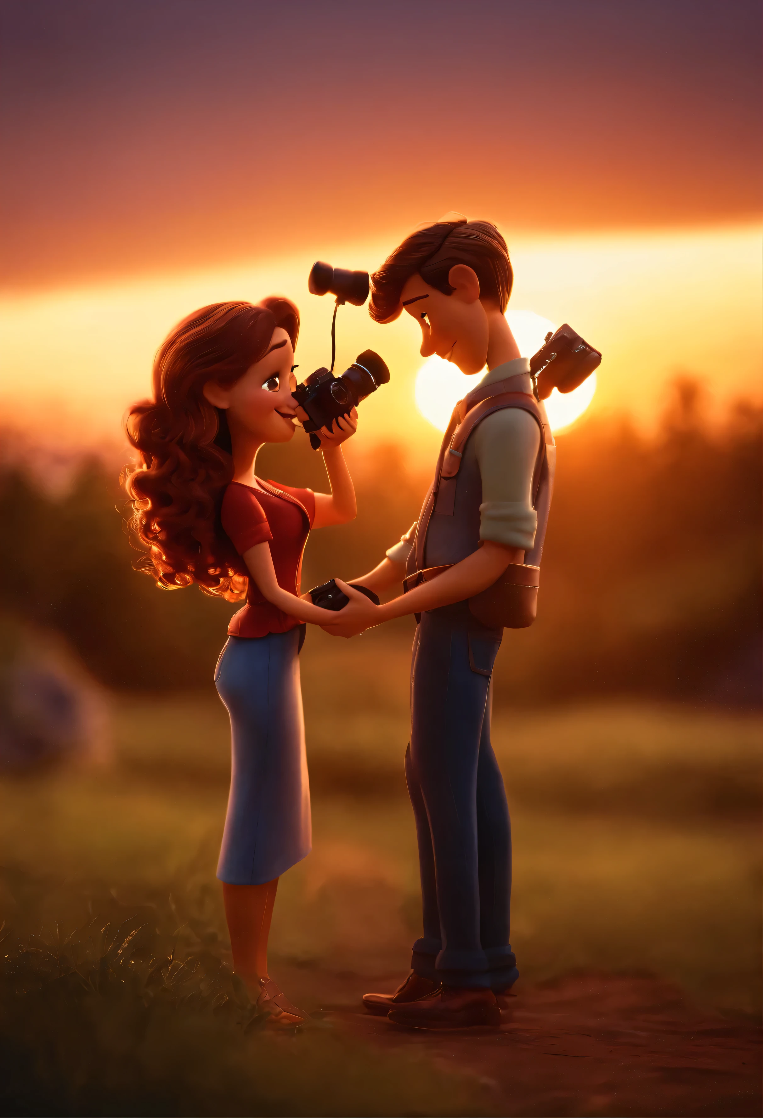 Pixar style image with 3D character couple hugging. holding a camera, ao fundo o por do sol Maquiagem Disney, sorridente ,fechar-se, Pixar, Disney, cinema lighting, In your photo studio with lights, Tripods & computador