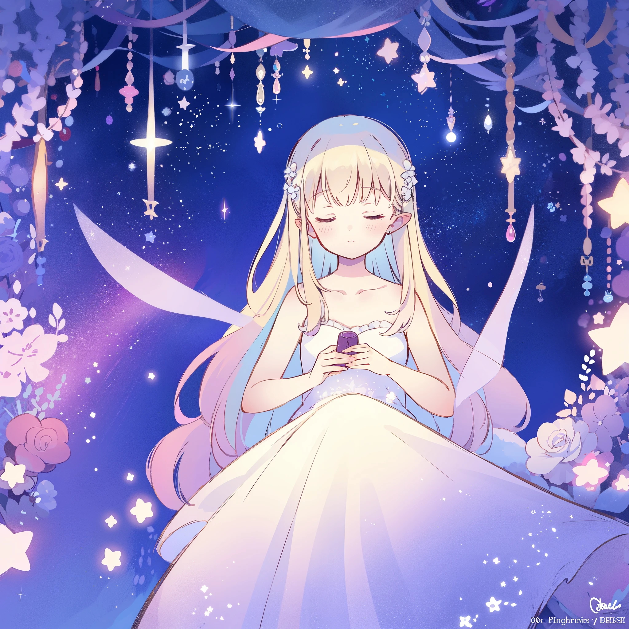 complex background, wishing star background, a woman wearing an ethereal mystical pink translucent dress that reflects the stars, dreamy, peaceful, serene composition, glowing stars, glowing, perfume promo art, mystic, complex drawing, highly detailed, Covergirl brand, promo art, artistic rendition, ethereal, starry night, midjourney style