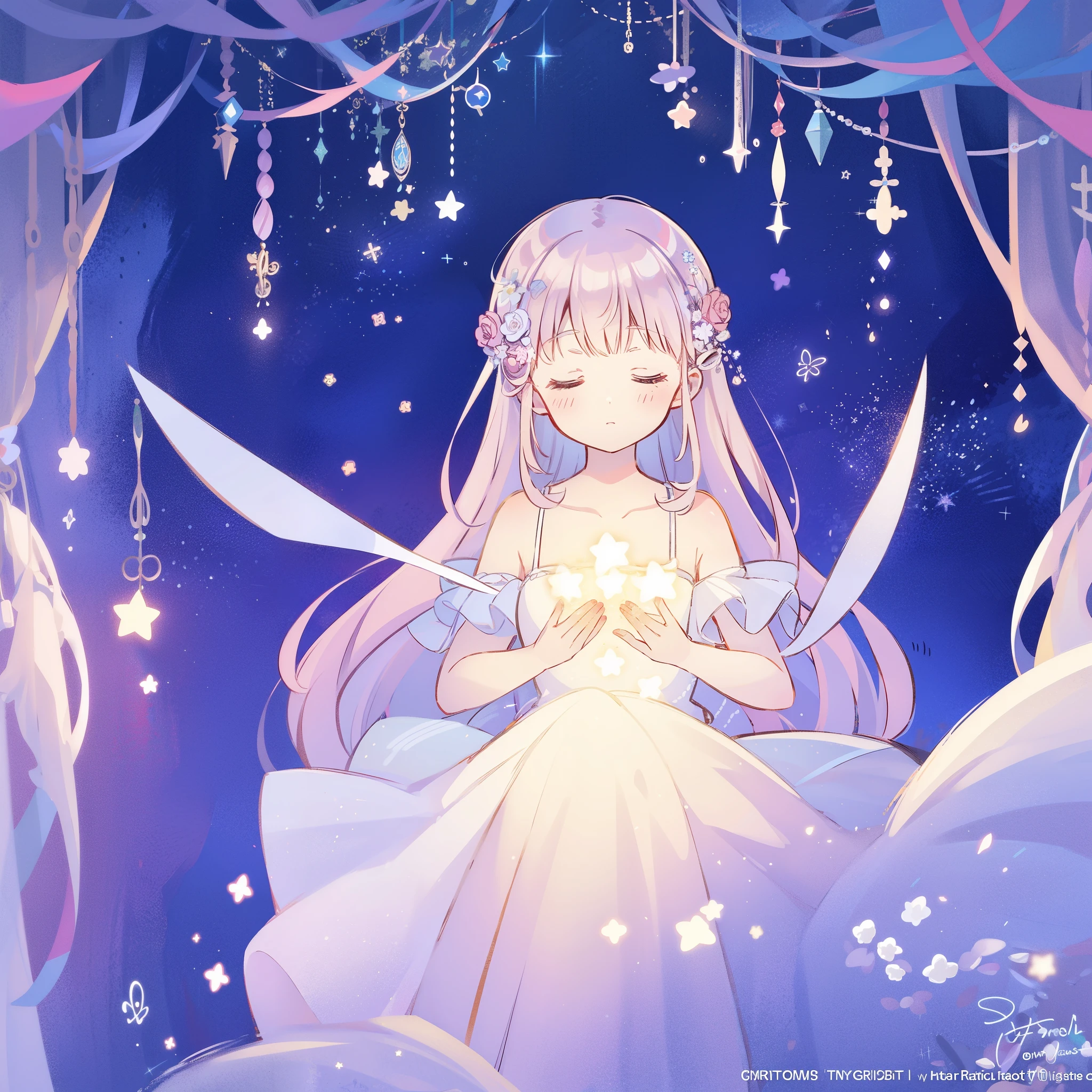 complex background, wishing star background, a woman wearing an ethereal mystical pink translucent dress that reflects the stars, dreamy, peaceful, serene composition, glowing stars, glowing, perfume promo art, mystic, complex drawing, highly detailed, Covergirl brand, promo art, artistic rendition, ethereal, starry night, midjourney style