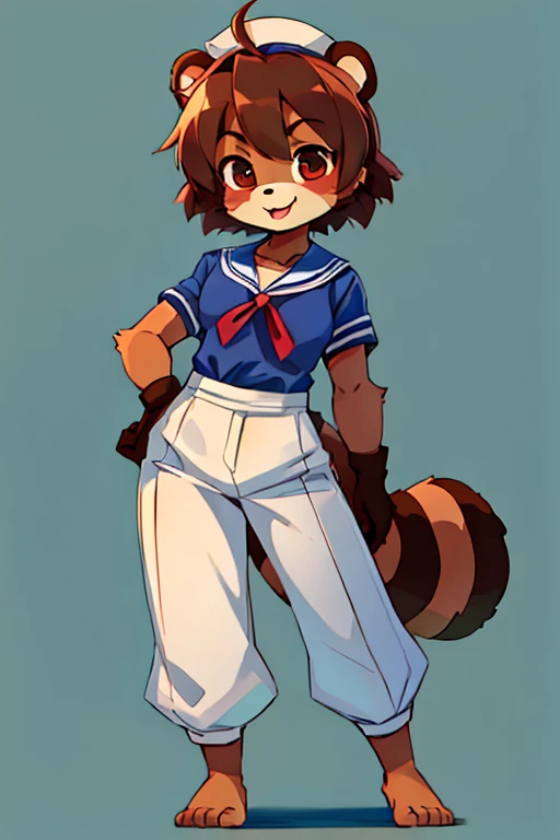 boy, tanuki, furry, bodyfur, tail, Sailor suit, short sleeve, jersey pants, long trousers, gloves, barefoot, cowgirl