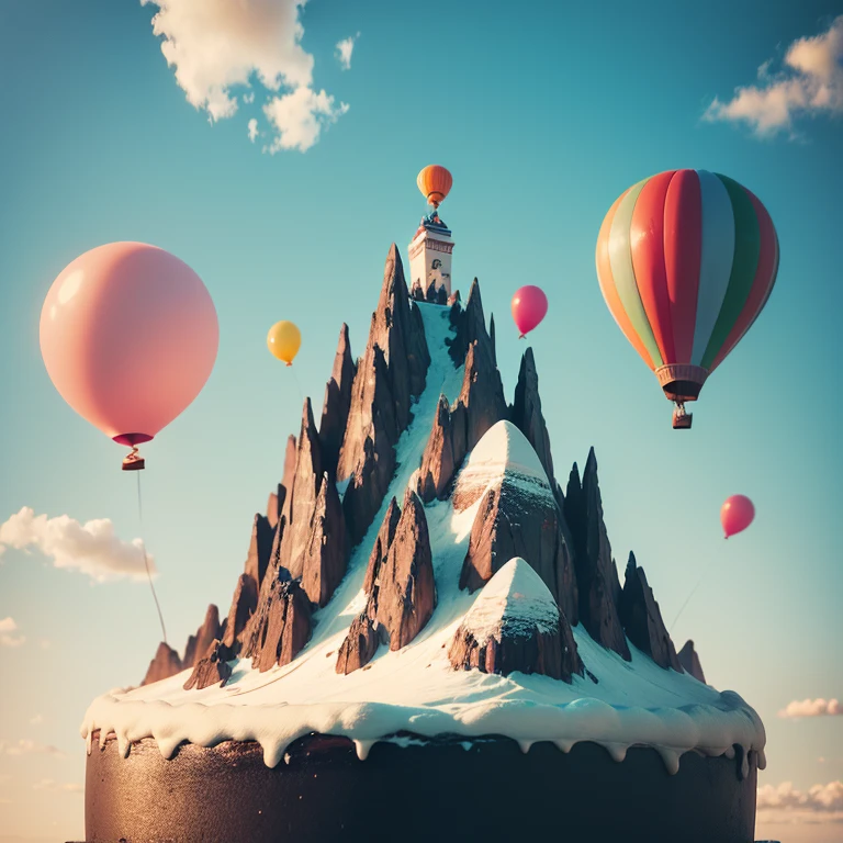 Cake and balloons on mountain