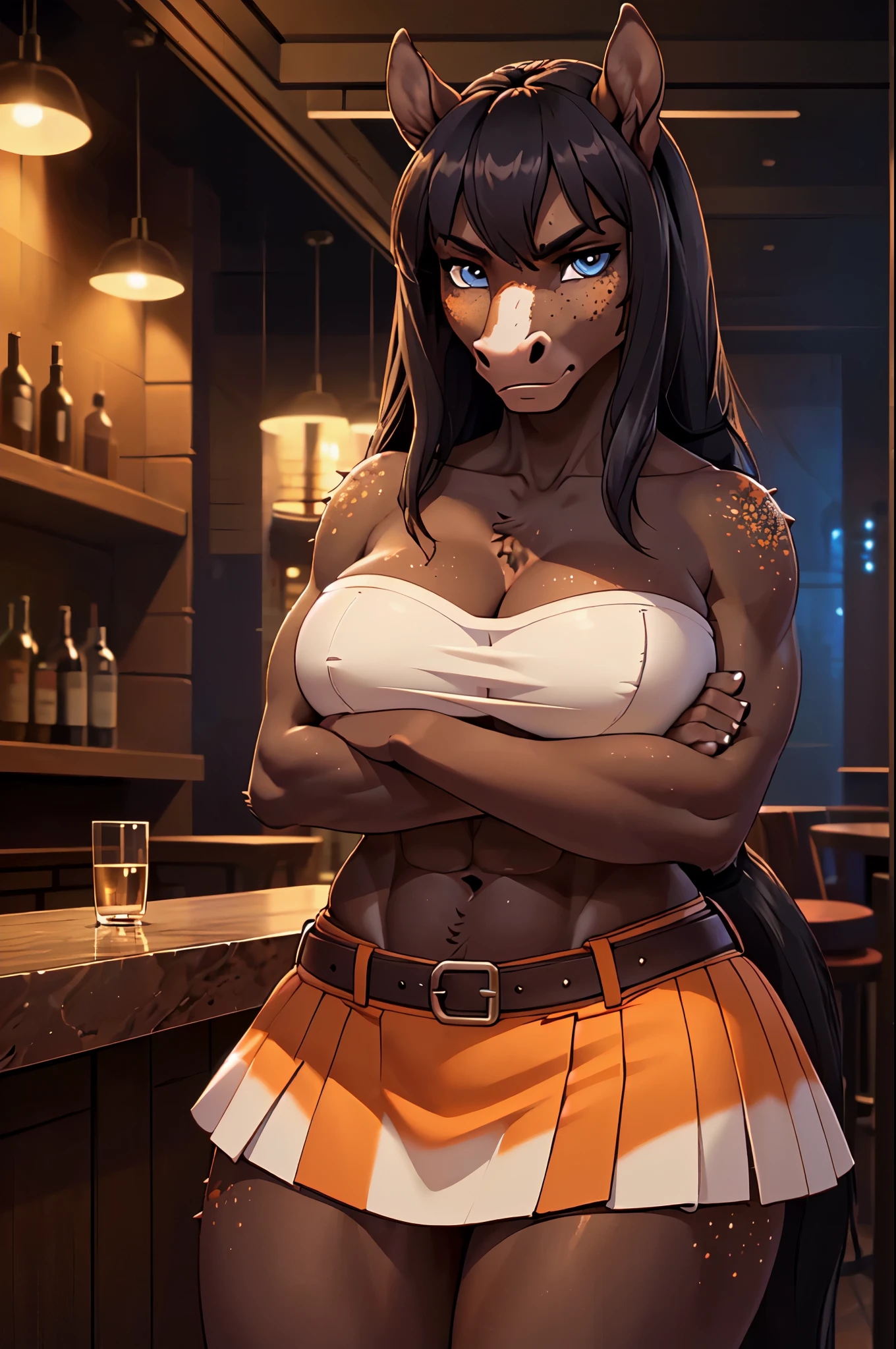 masterpiece, top quality, best quality, highly detailed, 8k, super high resolution, absurdres, perfect anatomy, ((highly detailed beautiful face and eyes)), solo focus, (furry female anthro), (adult), (((furry dark brown horse body))), (horse snout, detailed dark brown body fur), blue eyes, black hair, ((long hairstyle, spiky bangs)), ((threatening facial expression, scowl)), ((panties)), ((crossed arms)), ((large breasts)), (defined abs, toned legs, tall), (looking at viewer, freckles on face, leg tuft, elbow tuft), hooves, (((white bandeau, orange miniskirt, white accents, belts))), pouch, (bar backdrop, darkness, countertop, tables, chairs))