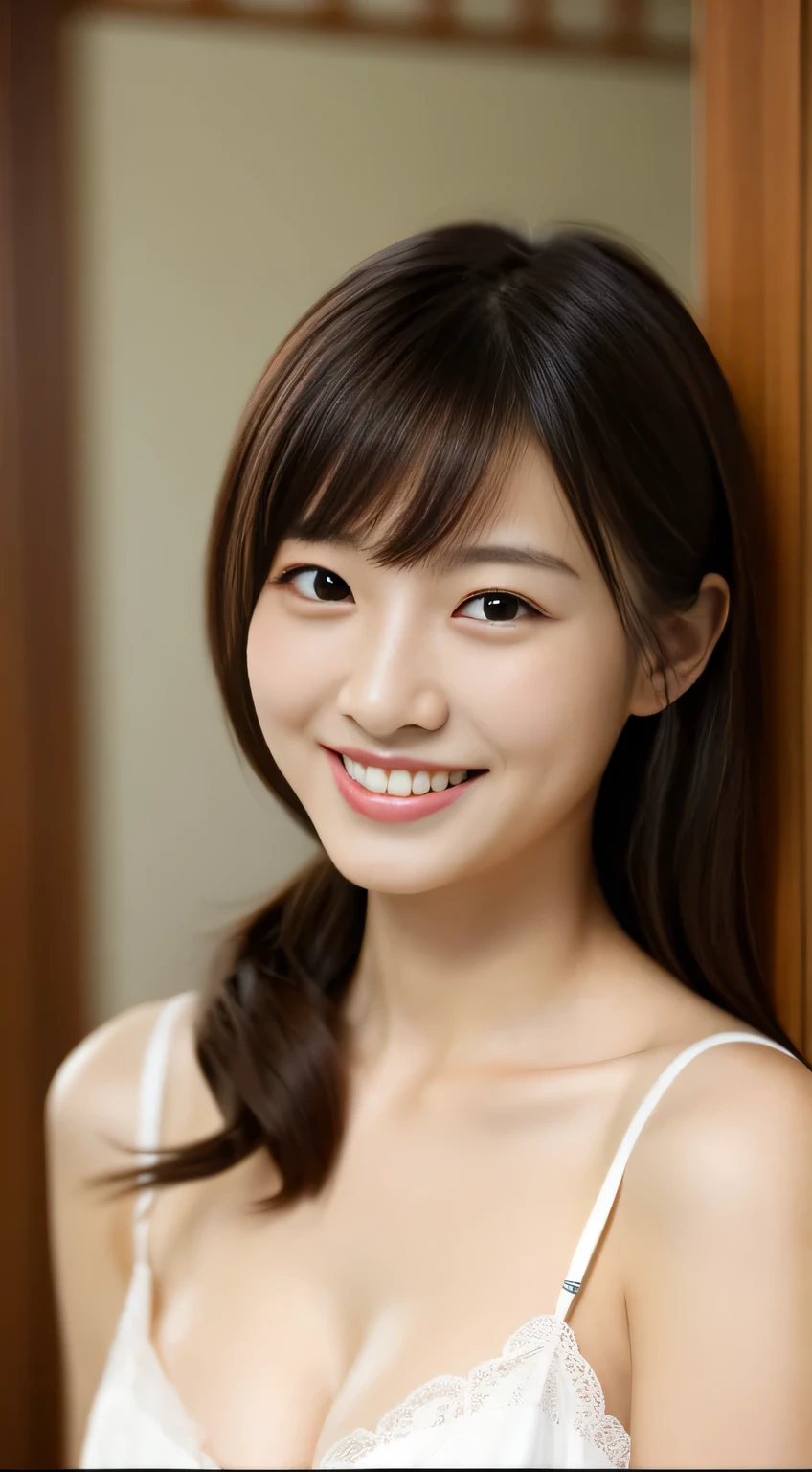 masterpiece,best quality,(Japanese ),((Beautiful girl)),cleavage,indoor,(perfect body beauty:1.2),(shy smile),beautiful teeth,