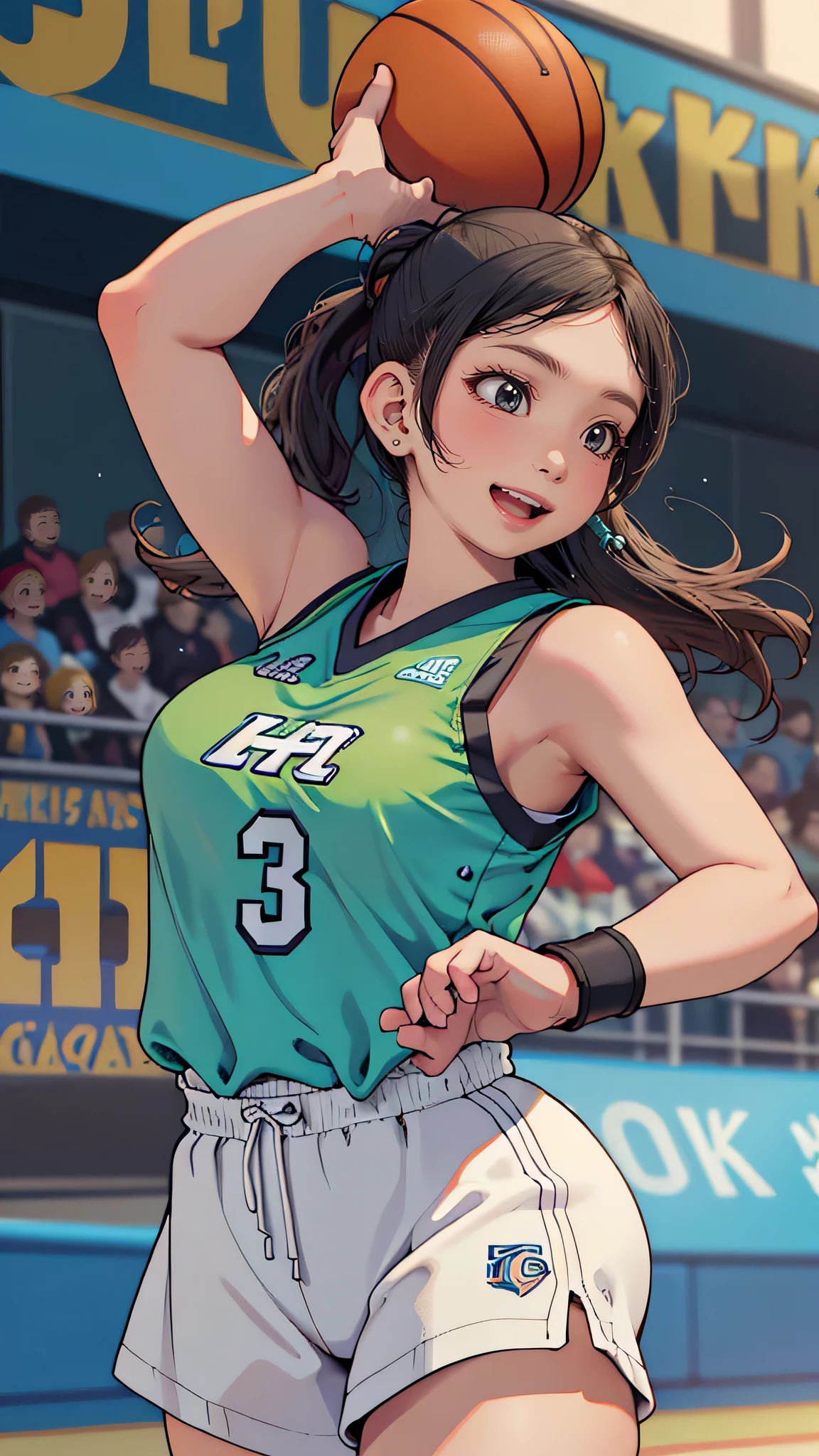 (cheerful girl:1.2),(basketball player,jump up and do a dunk:1.2),(random hairstyle),(Highest image quality,(8k),ultra-realistic,best quality, high quality, high definition, high quality texture,high detail,beautiful detailed,fine detailed,extremely detailed cg,detailed texture,a realistic representation of the face,masterpiece,Sense of presence)