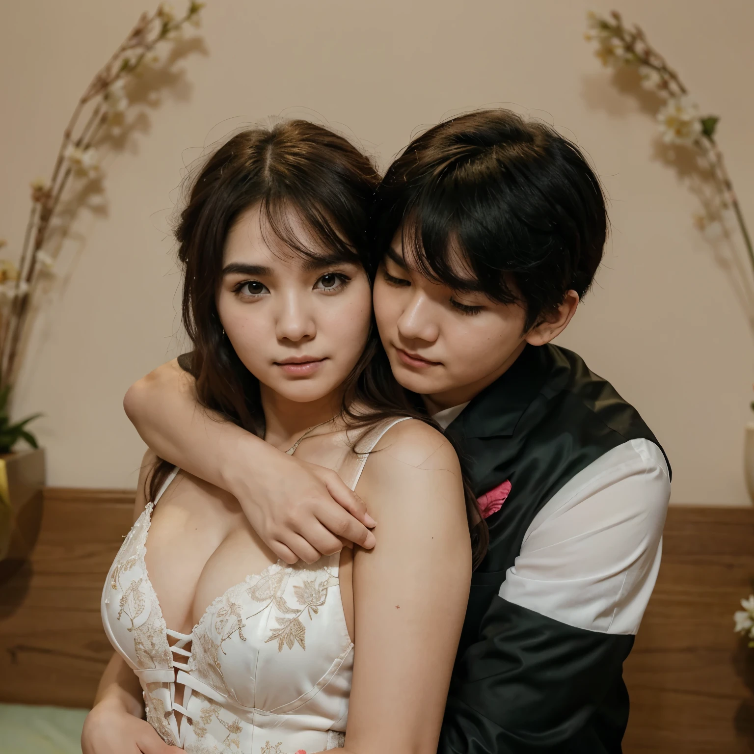 Foto de Min Yoongi de BTS con Claudia Fajardo como pareja, him hugging her from behind with their cheeks together, con aspecto de enamorados
