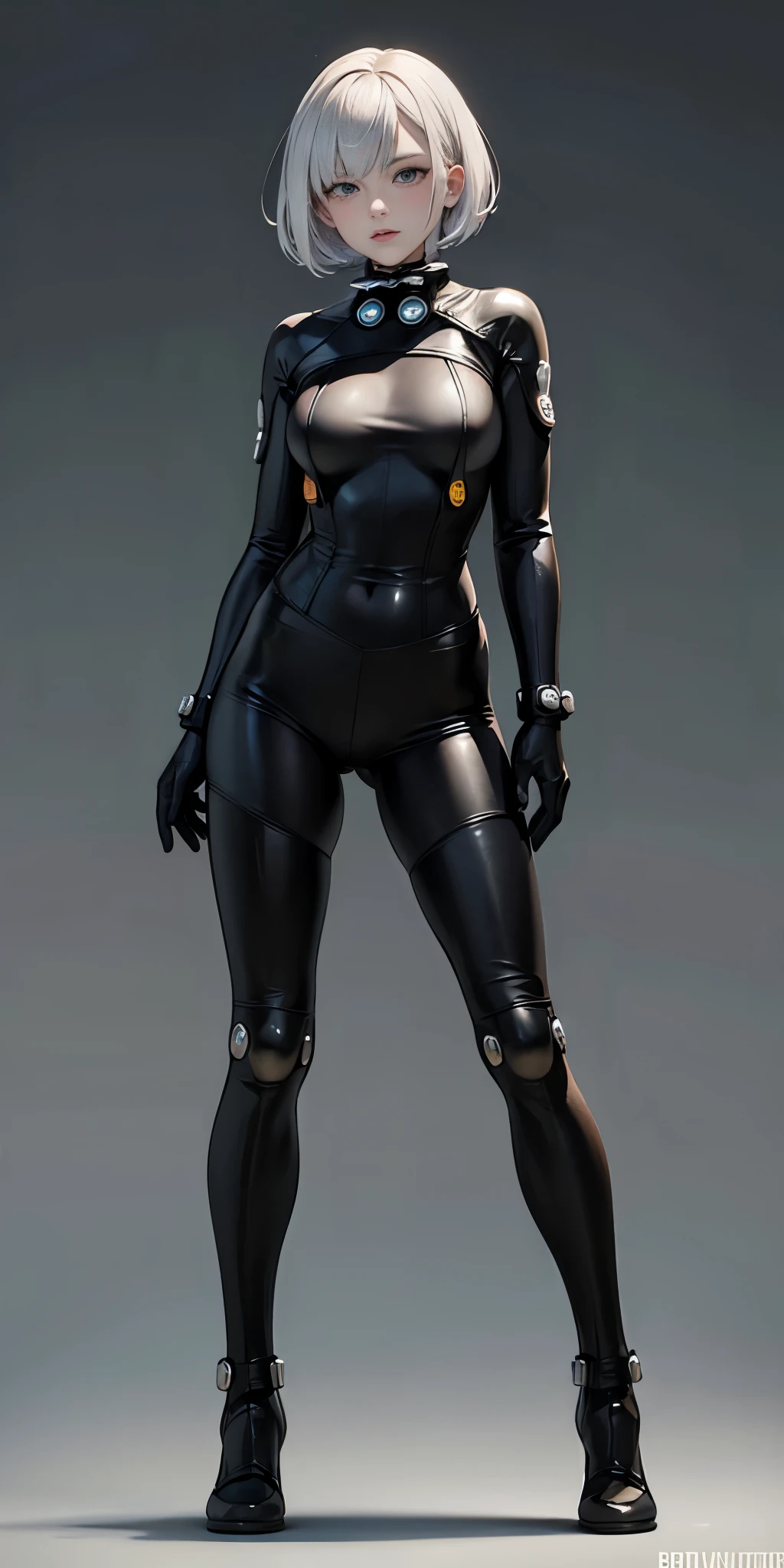 female adventurer white silver short bob hair cut, full body, game art style, (masterpiece), colorful clothing, scarves, leather belts, half skirt over pants and boots, flowing blouse and leather corset, best quality, highres, 4k, 8k, Detailed Illustration, intricate detail, cinematic lighting, amazing quality, 1girl, fit female, amazing shading, soft lighting, facing camera, perfect eyes, gantz suit armor torn apart, (grey background)