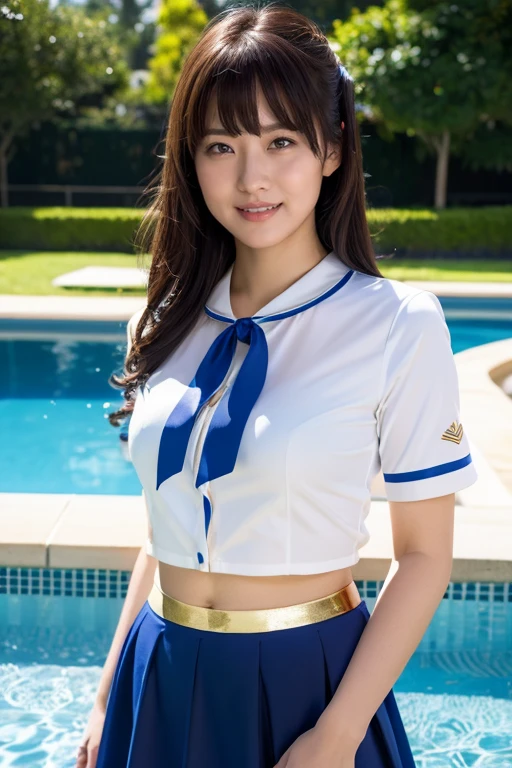 Medium display, Medium Shot, Written boundary depth, bust, Upper Body, Movie angle, masterpiece, highest quality, Very detailed, CG, 8k wallpaper, Beautiful Face, Delicate eyes, Otome, alone, smile, bangs, skirt, shirt, have, Cobalt blue bikini with gold trim, Pool