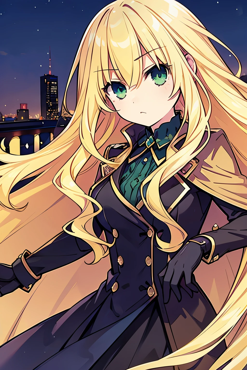 Masterpiece, best quality, 1girl, beautiful detailed eyes, finely detailed, blonde hair, lon wavy hair, green eyes, clothes: brown fur coat, use black gloves, serious face, city in the background