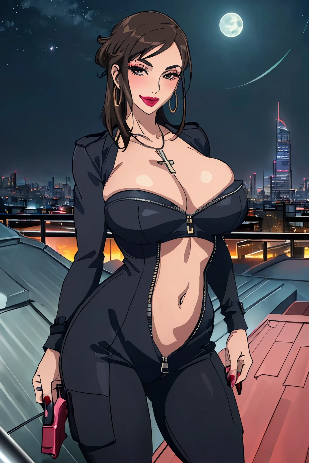 standing,
KiwakoMakina,hoop earrings,brown hair,,grey eyes)),((lips,makeup,lipstick,nail polish,red_nails,breasts,huge breasts,hoop earrings,mature_female, outdoors, rooftop, cityscape, building, railing, night, night sky, scenery, moon, city lights, blush, lipstick, masterpiece, best quality, highly detailed, cross necklace, bodysuit, unzip zipper, navel cutout, exposed
navel, exposed bellybutton, , cleavage, long sleeves, black gloves, smile, ,, holding a gun, handgun,
pistol, , outdoors, rooftop, cityscape, building, railing, night, night sky, scenery, moon, city lights, blush,
lipstick