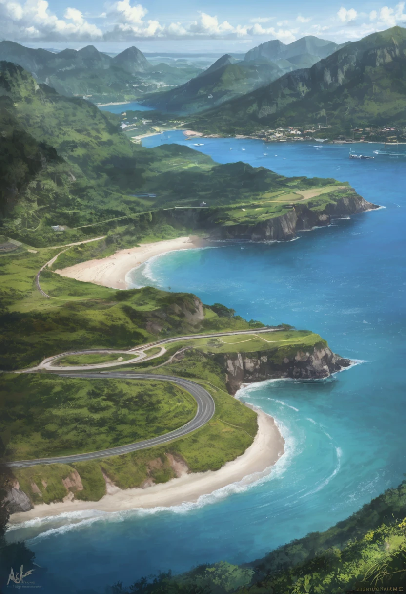 With aerial photography、Along the coastal terraced cape１A scene of both diesel cars running、The track is curved、Ups and downs、Hilly、grassland、Coastline with cliffasterpiece、highest quality、(((Realistic、Realistic:1.37)))、8K quality}}