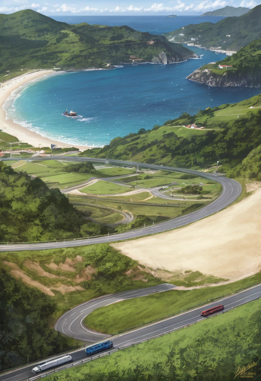 With aerial photography、Along the coastal terraced cape１A scene of both diesel cars running、The track is curved、Ups and downs、Hilly、grassland、Coastline with cliffasterpiece、highest quality、(((Realistic、Realistic:1.37)))、8K quality}}