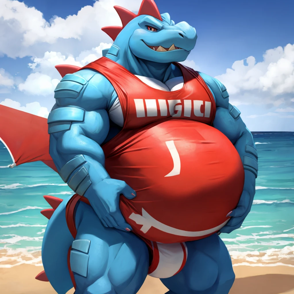 Pokemon Feraligatr, big belly, dressed like a life guard, dominating viewer