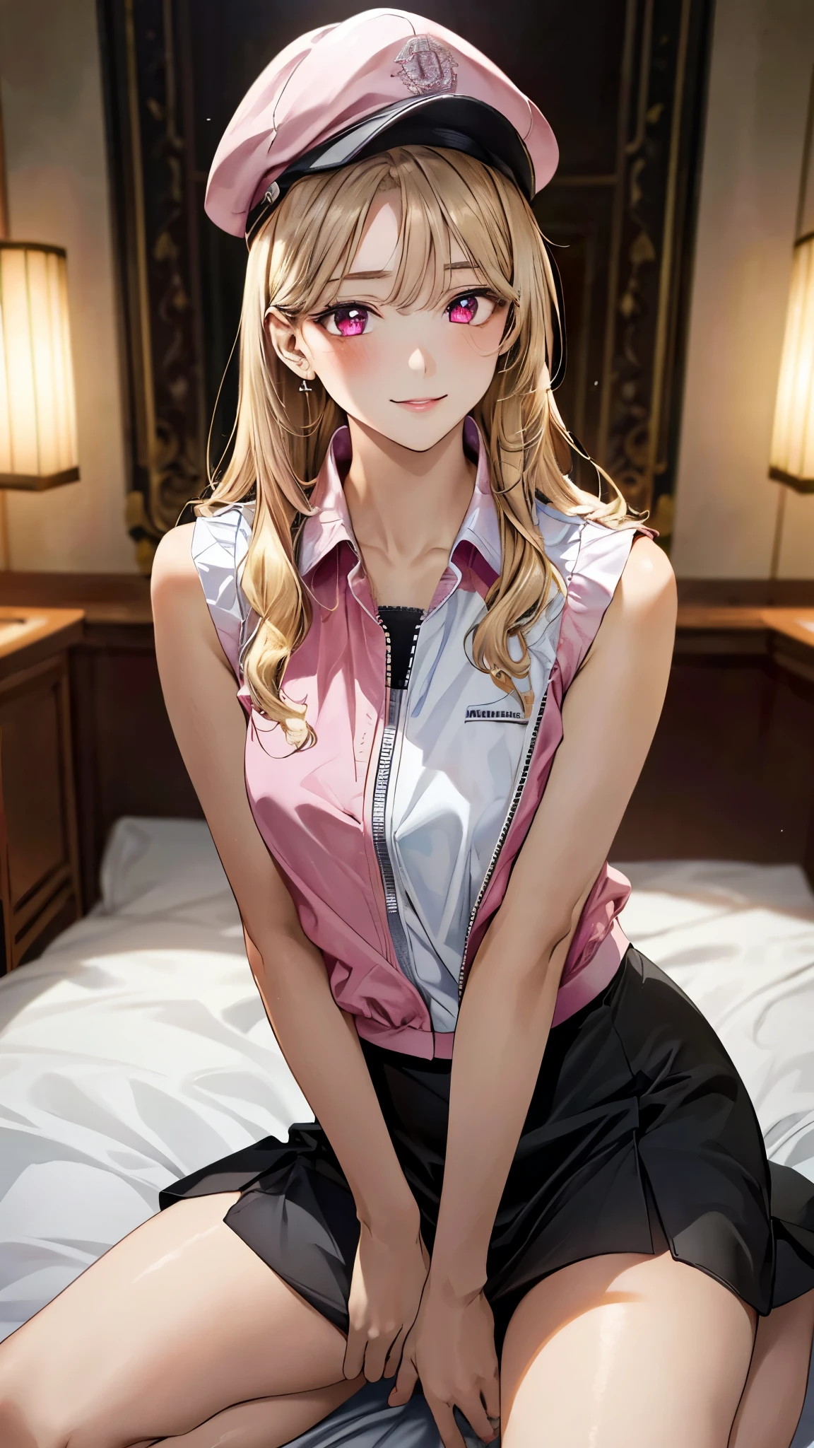(masterpiece:1.3, top-quality, ultra high res, ultra detailed), (realistic, photorealistic:1.4), beautiful illustration, perfect lighting, natural lighting, colorful, depth of fields, surrealism,
beautiful detailed hair, beautiful detailed face, beautiful detailed eyes, beautiful clavicle, beautiful body, beautiful chest, beautiful thigh, beautiful legs, beautiful fingers, shiny skin,
looking at viewer, 1 girl, japanese, high school girl, (perfect anatomy, anatomically correct, super detailed skin), cute and symmetrical face, face, perfect face, perfect eyes, slender,
(long hair:1.8, straight hair, ash blonde hair), swept bangs, maroon eyes, slant eyes, long eye lasher, (medium breasts, seductive thighs),
((detailed cloth texture, sleeveless white collared shirt, white tight skirt, shocking pink windbreaker, black jet cap)),
(beautiful scenery), evening, (inside hotel roby), one kneeling, (lovely smile, upper eyes),