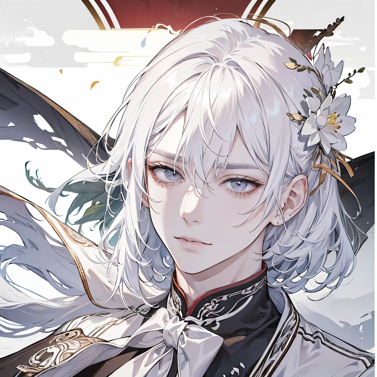 white hair, long hair, parted bangs, very long hair, widow's peak, hair flower, ribbon, blank eyes, white eyes, smile, male, Young man, Beautiful man, Chinese ancient style, White gorgeous Chinese ancient costume, White shoes, White skin, White lips, wine altars, White Lotus, anime style, UHD, high quality, textured skin, high details, highres, 16k