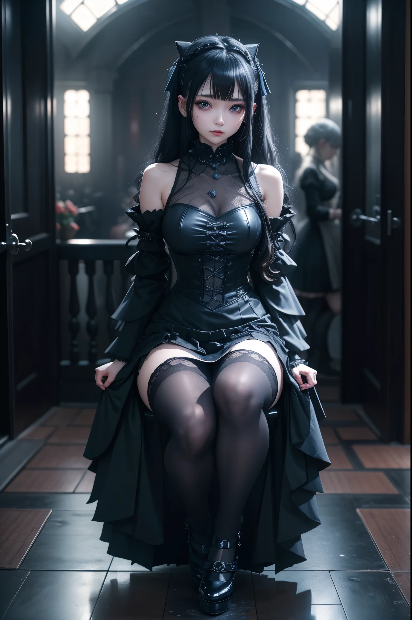 ハードDark Gothicメイク、My Sanity、Deep Night Sky、Horror、Black dark eyeshadow、cry、sad、Good skin radiance、Dark Gothicメイク、Dark smile、palace、The beauty of fragrance、22 years ago、Expression of intense sexual pleasure、Embarrassed look、Dark Gothic、Obscene language、highest quality、View 5 books、Expression of sexual pleasure amid suffering、Drunk face、紫のMaid clotheysterious、Noble、The face of someone who is holding in the toilet、Super sexy、Loving smile、Twin tail hair、Jet black frill skirt、Right blue eye, Left eye is red、Super seductive pose、Platform Heel Shoes、Heavy makeup、Black lipstick、Make the world beautiful、Gothic Lolita Clothing、A little slimmer、Silver Hair、Long Hair Straight Hair、Cute Gothic Lolita Dress、Beautiful Face、elegant features、Attractive face、Knee-high socks、Stained glassが背景、Chest glistening with sweat、The room is dark、goth long dress、Bell Sleeves、Wizard Sleeve、decadent look、Sexually excited expression、Gothic Mode、Glossy thighs wet with water、Thighs that are wet and shiny with oil、Background of a room full of roses、sad表情、Rose Maiden、The embroidery is pink、The dress has pink embroidery.、Thigh-high socks、Knee-high socks、Gentle expression、Behavior、Dark black eyeshadow、卑劣なBehavior、Stained glassと薔薇背景、Wearing black underwear、Black panties、thighs are a little thin、Female Duo、Female couple、I have lesbian friends、Hug a girl、A blue lightning bolt glows in his right hand..、Blue electromagnetic waves glow in my hands.、dark church background、Stained glass、Black metal world、Dark Castle、Dark Room、Slender body、upright、walk、Are standing、gothic long dress、Victorian Dress、Her thighs are shining with sweat、My body is wet and shiny、Lots of glitter on the thighs、sweating、My thighs are sticky from sweating、Sweat glistening on my thighs, The whole body is sweaty and shiny、I sweated a lot.、My thighs are sweaty、My thighs are so wet、Her thighs are shining with sweat、A lot of sweat glistening all over the body、Attractive legs、Thighs are the best、