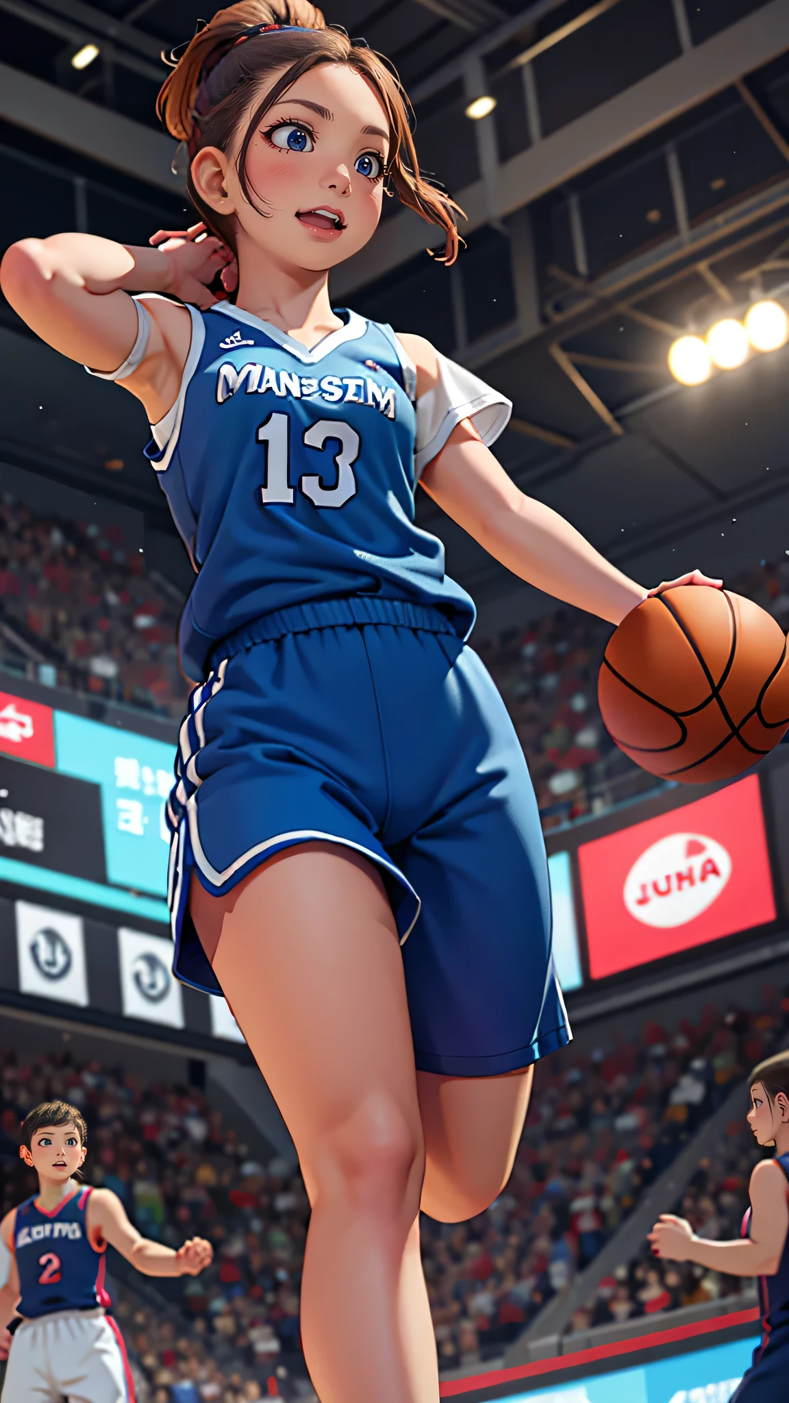 (from below:1.2),(cheerful girl:1.2),(basketball player,jump up and do a dunk:1.2),(random hairstyle),(Highest image quality,(8k),ultra-realistic,best quality, high quality, high definition, high quality texture,high detail,beautiful detailed,fine detailed,extremely detailed cg,detailed texture,a realistic representation of the face,masterpiece,Sense of presence)