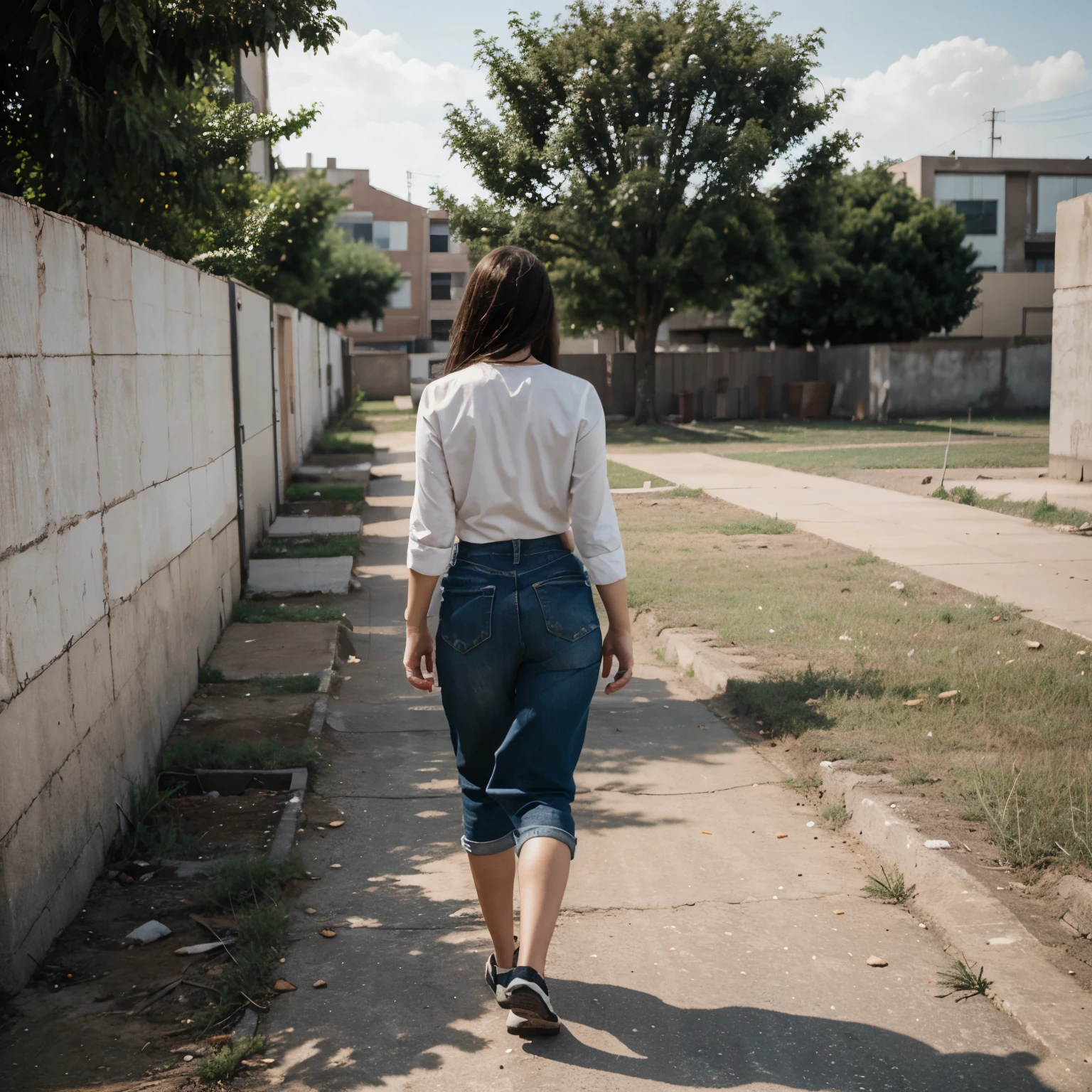 A woman with a holding hands walking backwards in a vacant lot