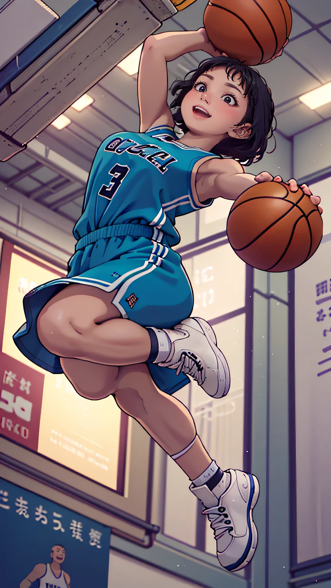 (from below:1.2),(cheerful girl:1.2),(basketball player,jump up and do a dunk:1.2),(random hairstyle),(Highest image quality,(8k),ultra-realistic,best quality, high quality, high definition, high quality texture,high detail,beautiful detailed,fine detailed,extremely detailed cg,detailed texture,a realistic representation of the face,masterpiece,Sense of presence)