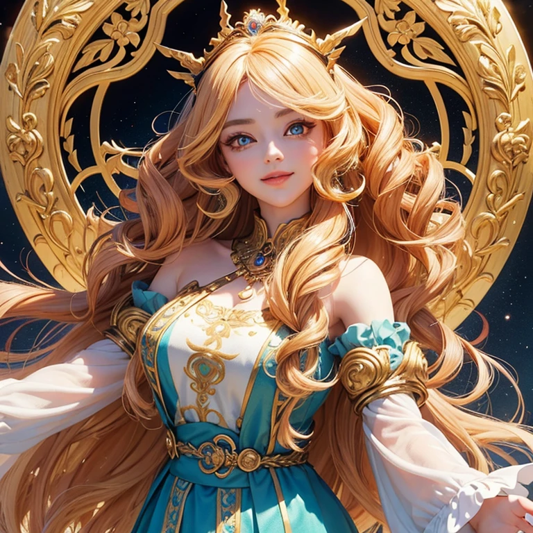 Beautiful gril,anime style 3d,goddess face,big eyes,extre mely detailed face,with symmetrical detailed brautiful eyes,long hair curling,golden hair,cute outfit,colorful outfit,most beautiful smile in the world,noble,delicate,HD,120k,wlop,johan gnenier,digital painting