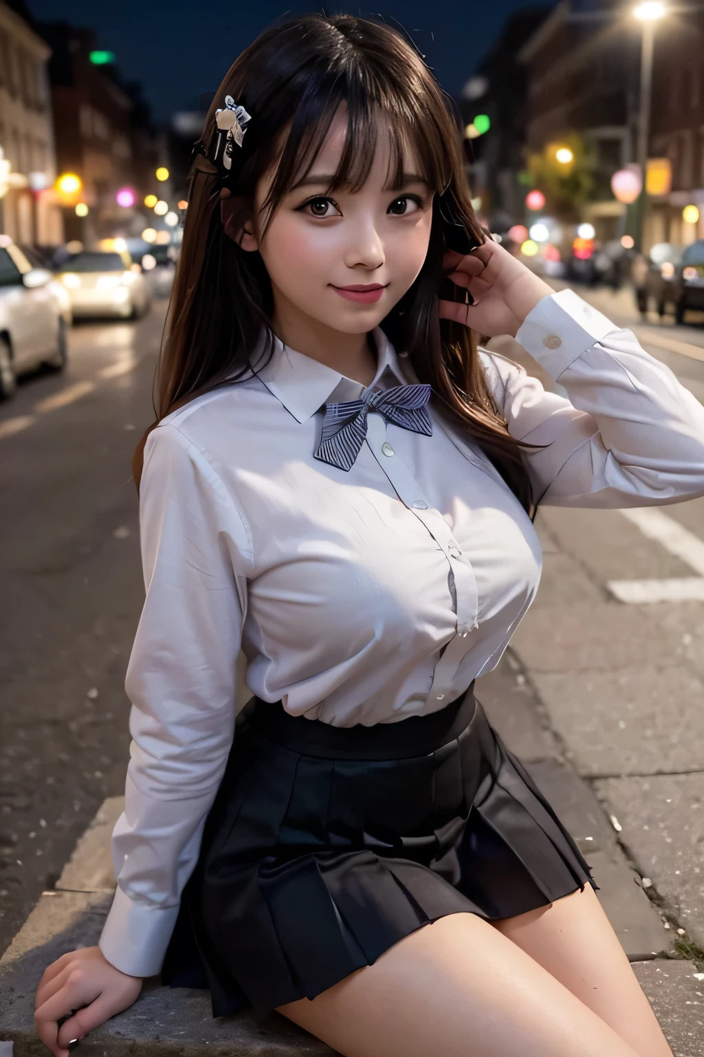 There is a woman who is on the street with a purse, fat pigeon, fat cat,(8k, RAW photo, best quality, masterpiece: 1.2), (realistic, photo-realistic: 1.37), ultra-detailed, 1 girl, cute, solo, beautiful detailed sky, detailed coffee, night, sitting, dating, (flushed nose), (smile: 1.1), medium breasts, beautiful detailed eyes, (collared shirt: 1.1), bow tie, pleated skirt,