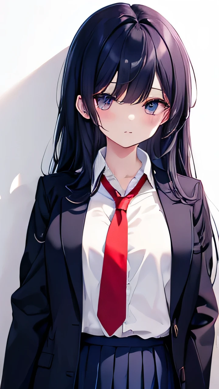 （Webtoon Touch）In front of a white wall、High school girls、Wearing an unbuttoned navy blue blazer and skirt uniform、White blouse with long red tie、Charm、medium long black hair、Iris、