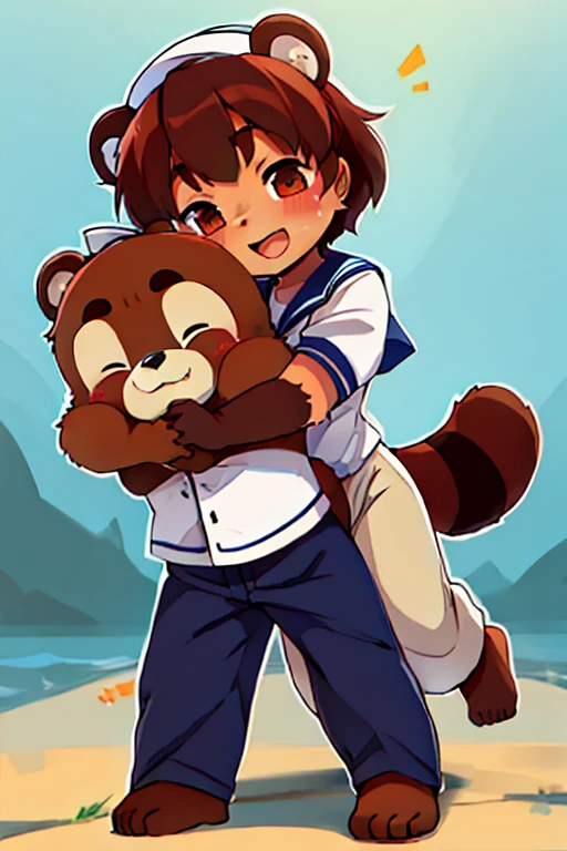 boy, tanuki, furry, bodyfur, tail, Sailor suit, short sleeve, jersey pants, long trousers, gloves, barefoot, from behind