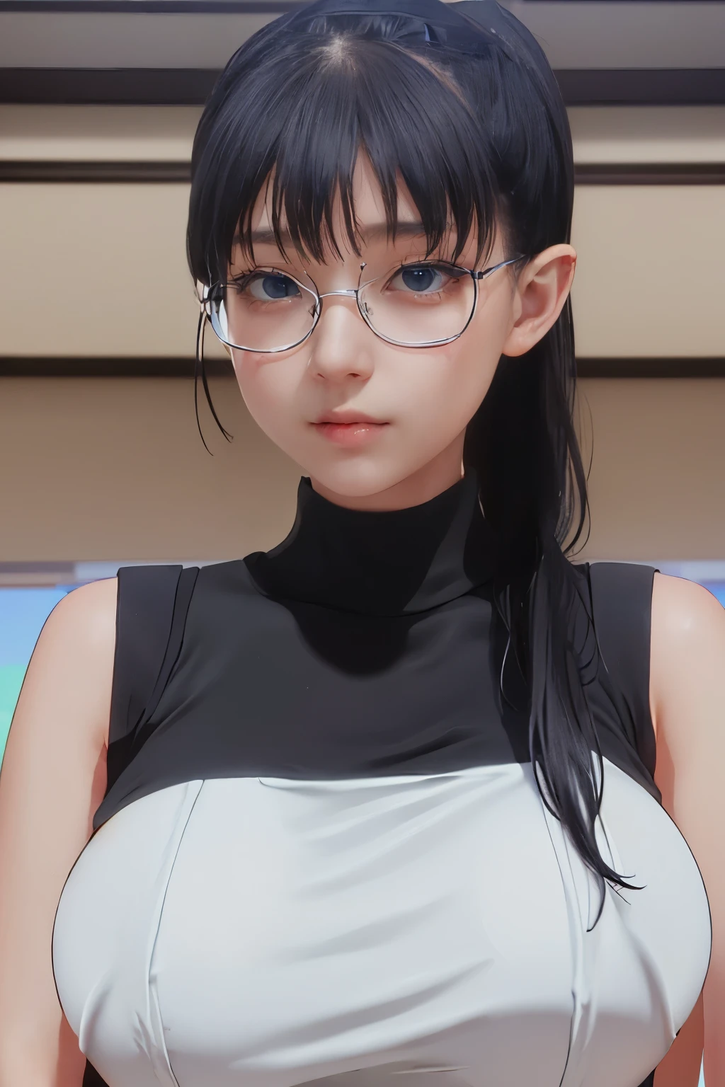 ((Masterpiece, Detailed face, Detailed eyes, detailed anatomy, Oily skin, Fine skin, White skin)), (Masterpiece, Best quality, High quality, Ultra-detailed, extremely details, High Resolution, Super realistic, ultra realistic, Strong lights, Photography, Brighten the subject, Perfect face, Cute Face), 1 elf girl, solo, looking at viewer, head(Black hair, pony-tail, sparkling black eyes, Wearing a round eye glasses), clothes(black Sleeveless Turtleneck Dress), Huge breast(Saggy breast:1.5), inside of room, standing and looking at viewer with sweet smile, clothes(black Sleeveless Turtleneck Dress),