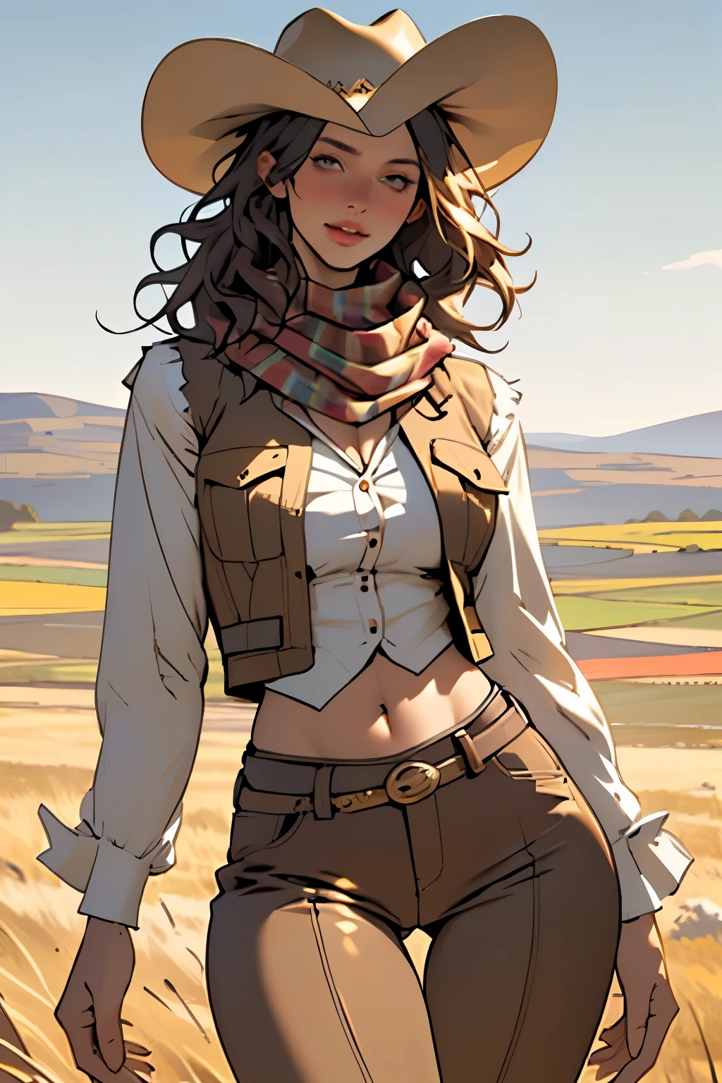 (highest quality, Super detailed, realistic:1.37), outdoor, girl, beautiful face, detailed and beautiful eyes, beautiful detailed lips, cowboy hat, vest with fringes, slim waist, slender thighs, thigh gap, slim thighs, show belly, pants, scarf, With confidence, medium chest, dusty farm landscape, golden hour lighting