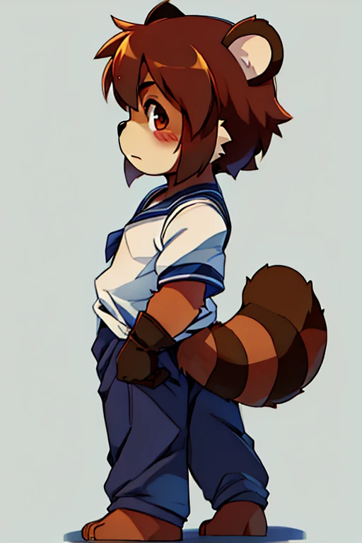 boy, tanuki, furry, bodyfur, tail, Sailor suit, short sleeve, jersey pants, long trousers, gloves, barefoot, from side