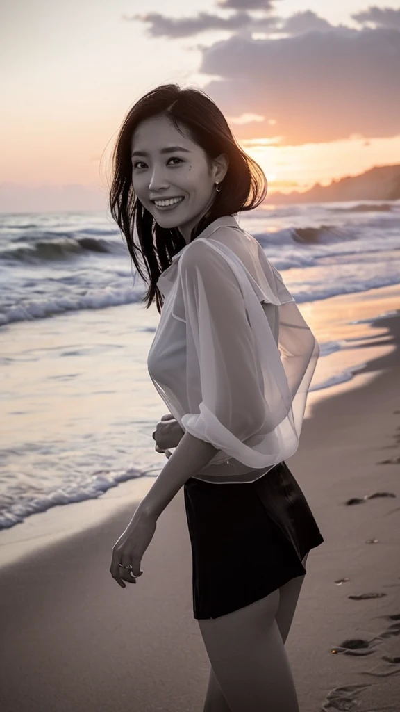 ((Top Quality)), ((8K)), ((Masterpiece: 1.3)), (Perfect Appearance), (Photorealism: 1.6), (monochrome: 1.6), (Japanese woman walking on the beach with the sunset in the background: 1.4), (sandy beach at sunset), (The sea dyed red by the sunset), (The setting sun is dazzling), (Backlit), (Mont Saint Michel can be seen in the background: 1.2), japanese woman, (48 years old), (back view), ((Standing upright, facing forward, center of screen)), ((Realistic skin texture)), (Fine wrinkles throughout the skin: 1.3), (Dull skin: 1.1), (Skin without moisture: 1.2) , (Wrinkles on the face: 0.9), (Wrinkles on the corners of the eyes: 1.2), Double eyelids, tear bags on the lower eyelids, (Crying moles: 0.9), The eyes are looking here, serious gaze, (Dimples: 1.2), smile with the corners of the mouth raised wide, straight medium length, hair fluttering in the wind, soft fabric blouse, (transparent blouse: 1.3), (Plump and glamorous body), (wide sleeves), (Cuffs that fit your wrist), (The hem of the blouse is tucked into the skirt: 1.2), (long skirt: 1.2), (Bare feet wet with seawater), (whole body: 1.3), Angle from feet: 1.2,