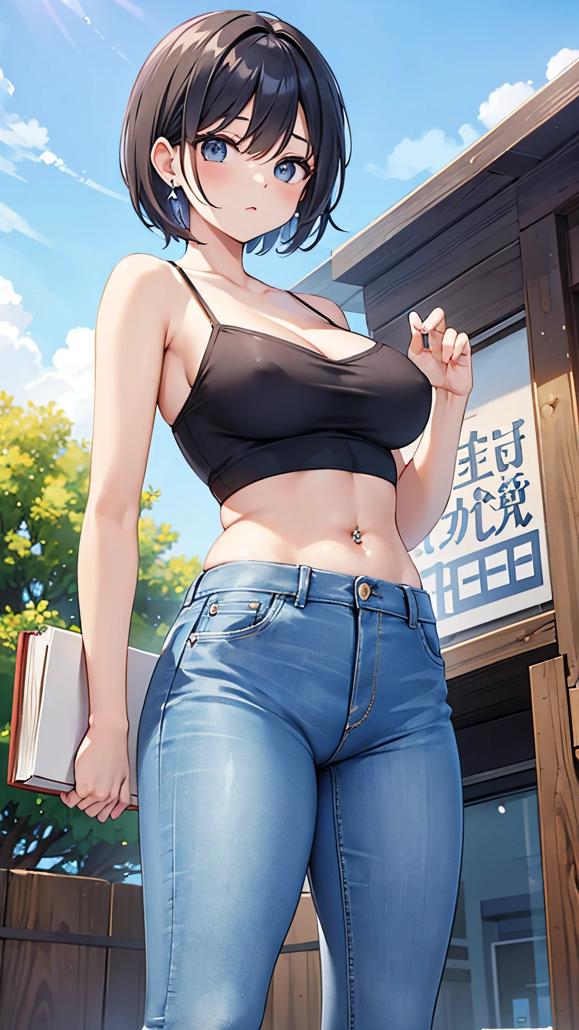 camisole、beauty、Tight skinny jeans、Beautiful body lines、28 years old、short hair、hand２Book、Wall thickness、Glamour、Earrings、Belly button piercing、office Street、blue sky
