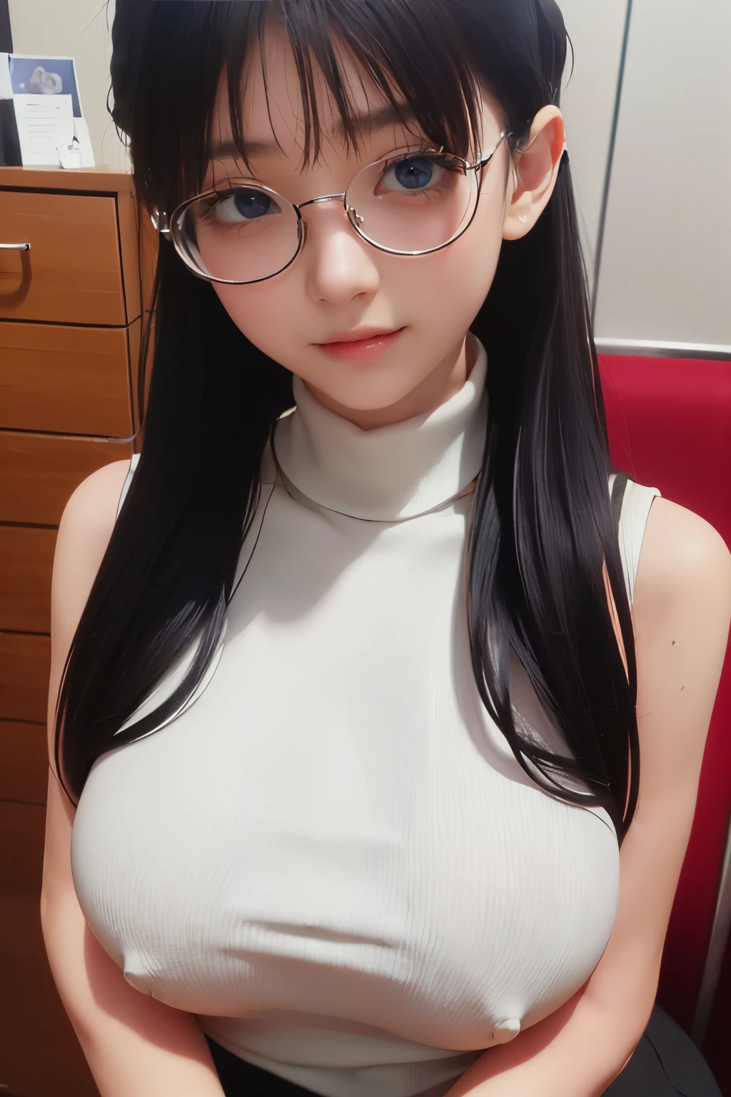 ((Masterpiece, Detailed face, Detailed eyes, detailed anatomy, Oily skin, Fine skin, White skin)), (Masterpiece, Best quality, High quality, Ultra-detailed, extremely details, High Resolution, Super realistic, ultra realistic, Strong lights, Photography, Brighten the subject, Perfect face, Cute Face), 1 adorable girl, solo, looking at viewer, head(Black hair, pony-tail, silky hair, blunt bangs) face(sparkling black eyes, Wearing a round eye glasses), clothes(black Sleeveless Turtleneck Dress), Huge breast(Saggy breast:1.5), inside of room, standing and looking at viewer with sweet smile, clothes(black Sleeveless Turtleneck Dress),