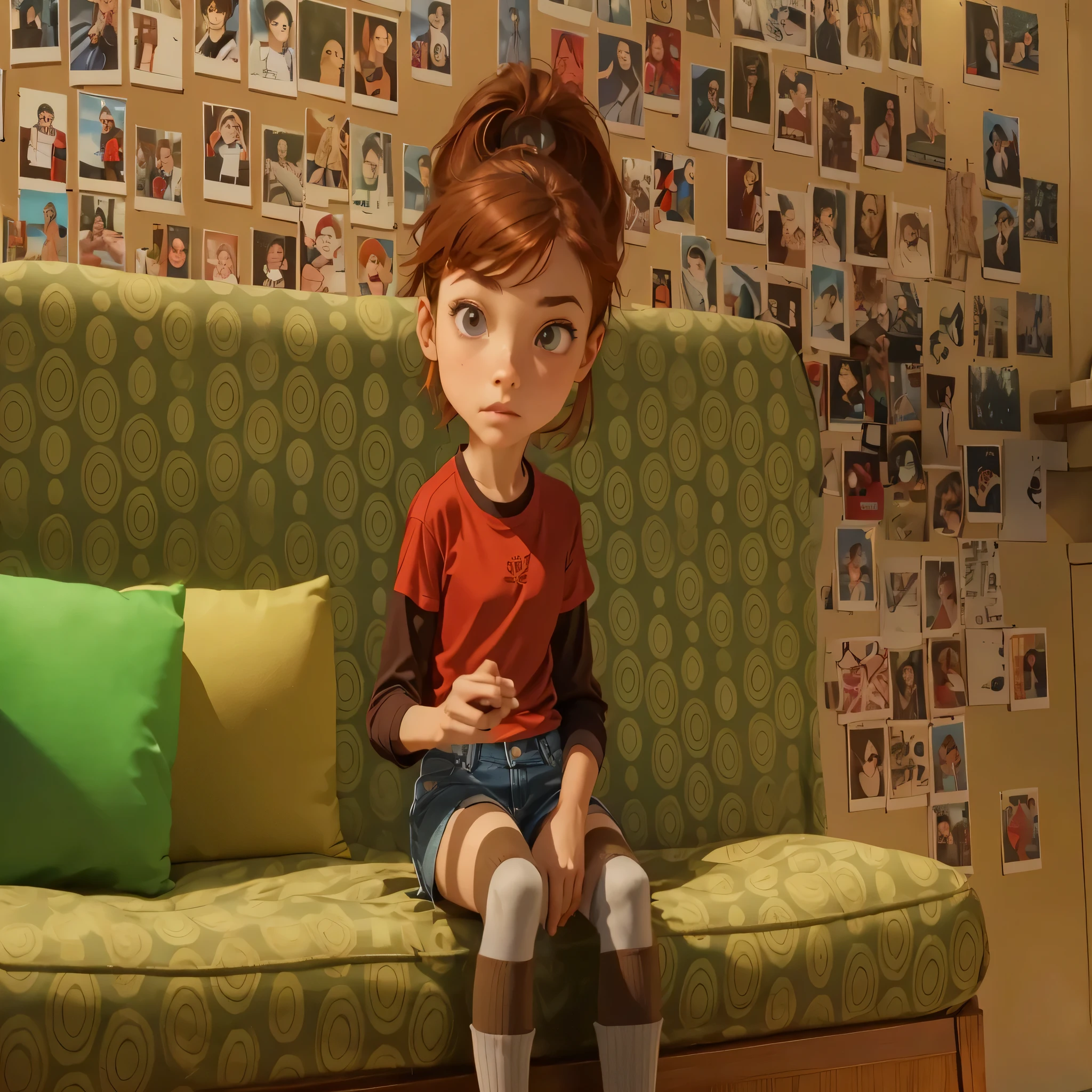 Penny Forrester,Physical appearance
Penny is a slender, 13-year-old age girl with fair skin, short auburn hair, and brown eyes. She wears a red T-shirt over a brown long-sleeved shirt, denim grey shorts, grey and white striped tights, alongside brown socks with a red line and brown boots, which she mostly wears when she's