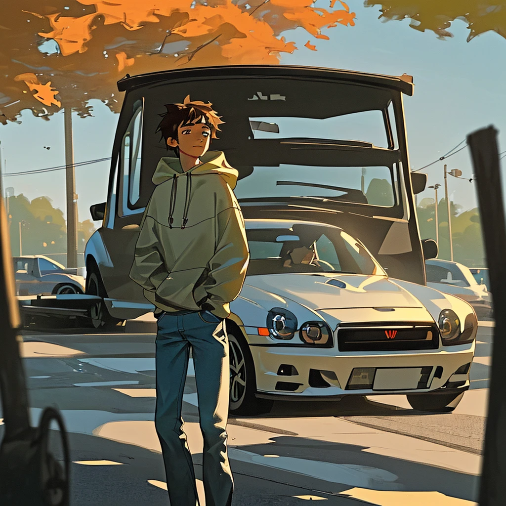 Describes the scene of a boy with brown hair and a hood., vistiendo una sudadera negra y jeans, standing on the sidewalk on a sunny day. He is looking at a shiny GTR R35 car passing by on the road.., Your admiration visible in your eyes.. La luz de los faros se refleja en los charcos de agua que te rodean., while leaves fall softly on him. El sonido del potente motor resuena en el aire., mixing with the sound of the wind. The  remains motionless., capturado por la elegancia y la velocidad del coche, Dreaming of the day when you can be behind the wheel of such an impressive machine..