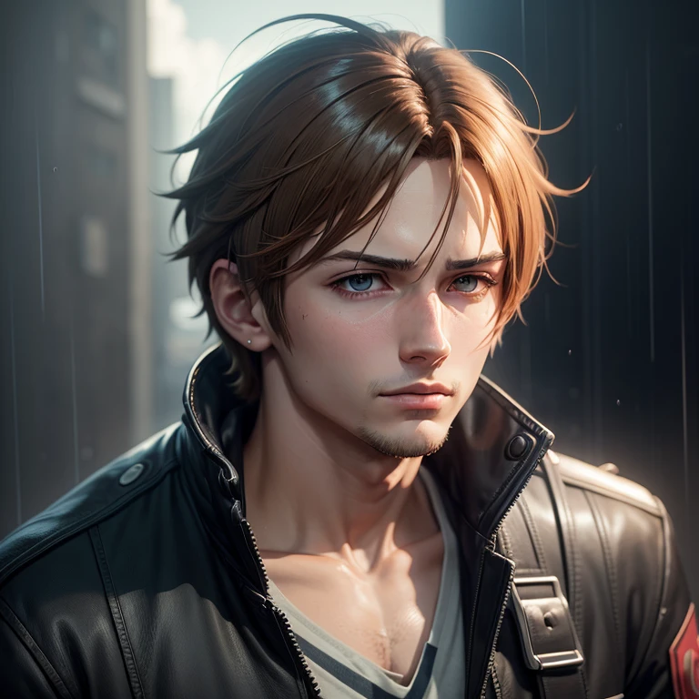 Young man look like leon kennedy looking up at the rainy sky, ultra-detailliert. anime image. by makoto shinkai, anime art wallpaper 4k, anime art wallpaper 4k, Anime art wallpaper 8k, anime wallpaper 4k, anime wallpaper 4k, 4K Anime Wallpapers, Anime Sky, amazing wallpapers, anime backgrounds, Anime Background Art