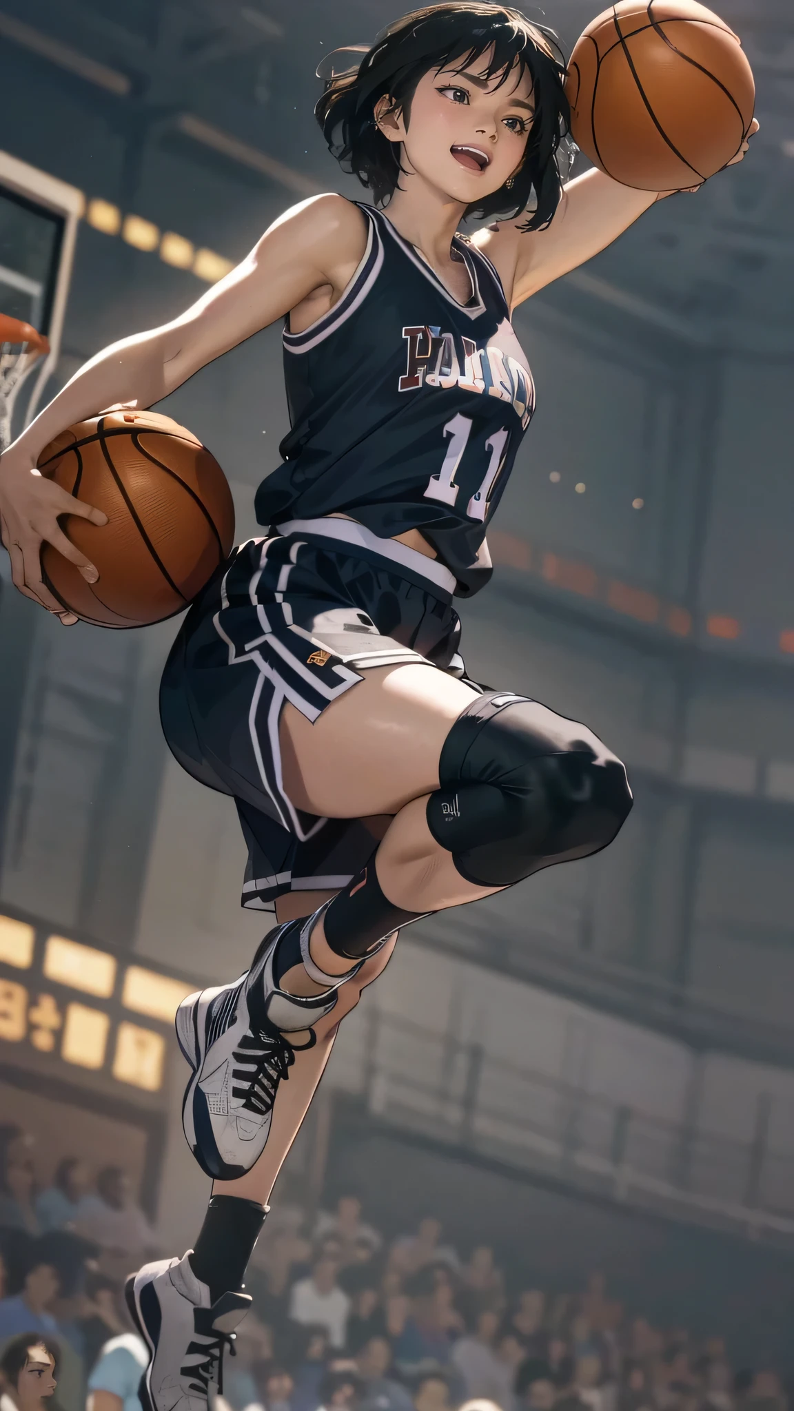 (from below:1.2),(cheerful girl:1.2),(basketball player,jump up and do a dunk:1.2),(random hairstyle),(Highest image quality,(8k),ultra-realistic,best quality, high quality, high definition, high quality texture,high detail,beautiful detailed,fine detailed,extremely detailed cg,detailed texture,a realistic representation of the face,masterpiece,Sense of presence)