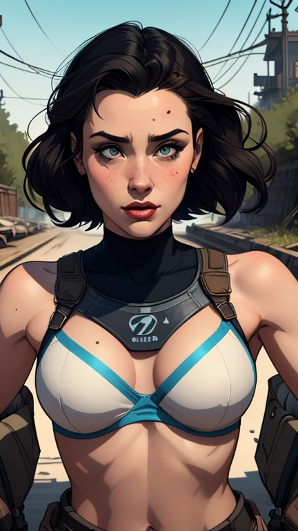 Personagem mulher estilo atompunk Fallout 4 cabelos pretos atriz Ella Purnell com marcas de guerras Imagem de desenho animado de uma mulher .Ilustracaoo estilo desenho animado, estilo de arte dos desenhos animados, estilo de arte dos desenhos animados, digital illustration style, estilo atompunk design de personagens altamente detalhado, arte digital detalhada coragem,actress Ella Purnell with black hair slim body Forest fan art, Design de cabelos pretos personagens de retrato, beautiful digital illustration, retrato de alta qualidade, Arte em quadrinhos, s . Eyelined eyes, medium bust and wonderful sexy clothes. image expression of sexual desire from waist to head illustration atompunk style Fallout 4 The perspective is from below, enfatizando a majestade e o poder da Gigante."actress Ella Purnell black hairstyle Cartoon style digital illustration GTA style