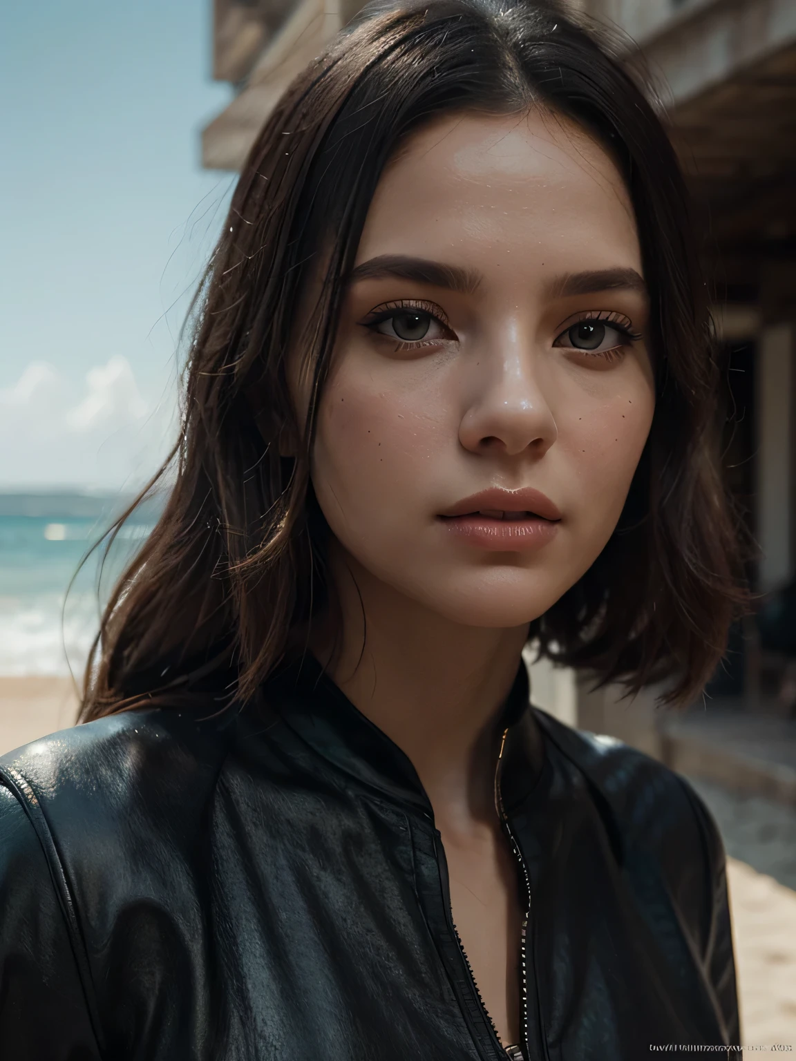 High Waisted Portrait of a beautiful exotic Caucasian woman wearing fashionable clothes on a beach, perfect detailed face, detailed symmetrical hazel eyes with circular iris, realistic, superb realistic photography, 3D rendering, octane rendering, intricately detailed, cinematic, trending on artstation, isometric, hipereallistic centered cover photo, awesome in color, hand-drawn, dark, gravelly, mucha, klimt, erte 12k, high definition, cinematic, neoprene, Behance contest winner, portrait featured on Unsplash, stylized digital art, smooth, ultra high definition, 8K, Unreal Engine 5, ultra sharp focus, masterpiece of complex artwork, eerie, epic, TanvirTamim, artstation trend, by Artgerm, H. R. Giger and Beksinski, highly detailed, vibrant