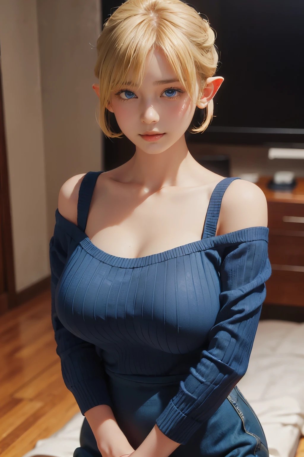 ((Masterpiece, Detailed face, Detailed eyes, detailed anatomy, Oily skin, Fine skin, White skin)), (Masterpiece, Best quality, High quality, Ultra-detailed, extremely details, High Resolution, Super realistic, ultra realistic, Strong lights, Photography, Brighten the subject, Perfect face, Cute Face), 1 elf girl, solo, looking at viewer, head(Blonde hair, super short hair, silky hair) Face(blue eyes), clothes(Dark green knit dress with off shoulder, bare shoulders), Huge breast(Saggy breast:1.5), inside of room, looking at viewer with sweet smile, (Blonde hair, super short hair, silky hair) Face(blue eyes),