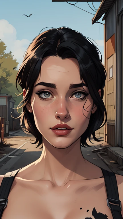 Personagem mulher estilo atompunk Fallout 4 cabelos pretos atriz Ella Purnell com marcas de guerras Imagem de desenho animado de uma mulher .Ilustracaoo estilo desenho animado, estilo de arte dos desenhos animados, estilo de arte dos desenhos animados, digital illustration style, estilo atompunk design de personagens altamente detalhado, arte digital detalhada coragem,actress Ella Purnell with black hair slim body Forest fan art, Design de cabelos pretos personagens de retrato, beautiful digital illustration, retrato de alta qualidade, Arte em quadrinhos, s . Eyelined eyes, medium bust and wonderful sexy clothes. image expression of sexual desire from waist to head illustration atompunk style Fallout 4 The perspective is from below, enfatizando a majestade e o poder da Gigante."actress Ella Purnell black hairstyle Cartoon style digital illustration GTA style