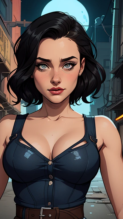 Personagem mulher estilo atompunk Fallout 4 cabelos pretos  atriz Ella Purnell com marcas de guerras Imagem de desenho animado de uma mulher .Ilustracaoo estilo desenho animado, estilo de arte dos desenhos animados, estilo de arte dos desenhos animados, digital illustration style, estilo atompunk design de personagens altamente detalhado, arte digital detalhada coragem,actress Ella Purnell with black hair slim body Forest fan art, Design de cabelos pretos personagens de retrato, beautiful digital illustration, retrato de alta qualidade, Arte em quadrinhos, s . Eyelined eyes, medium bust and wonderful sexy clothes. image expression of sexual desire from waist to head illustration atompunk style Fallout 4 The perspective is from below, enfatizando a majestade e o poder da Gigante."actress Ella Purnell black hairstyle Cartoon style digital illustration GTA style