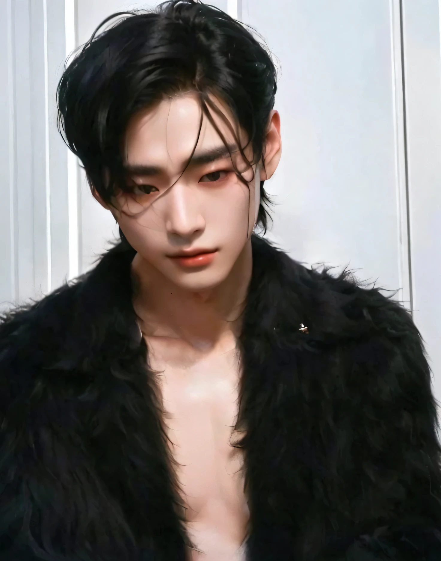 arafed man in a black fur coat looking down at his cell phone, cai xukun, wonbin lee, jinyoung shin, delicate androgynous prince, beautiful androgynous prince, inspired by Zhang Han, with his long black hair, inspired by Bian Shoumin, jung jaehyun, male ulzzang, yanjun chengt, hyung tae