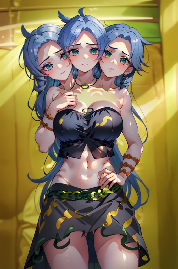 (masterpiece, best quality), best quality, (ultra-detailed), (3heads:1.5), 1girl, (himemushi momoyo:1.3), masterpiece, best quality, ultra quality, ultra resolution, ultra detail, black top, crop top, ((stomach)), midriff, ((groin)), black skirt, normal ears, shackles, grey hair, very long hair, wavy hair, sidelocks, green eyes, detailed eyes, parted lips, sweat, cute, open belly, toned belly, hand on own chest, hands on the hips, eyelashes, (24 year old woman:1.3), (masterpiece:1.5), (best quality:1.5), (beautiful detailed), extremely detailed CG, extremely delicate and beautiful, depth of field, (finely detailed face), (perfect details:1.2), (mature female:1.4), wide pelvis, slender, large veiny breast, 16k resolution, highres, high quality, high definition, extremely detailed, masterpiece, grey hair, long hair, alluring presence, braid, short skirt, close up, big tits, young, arm ribbon, necklace, open belly,