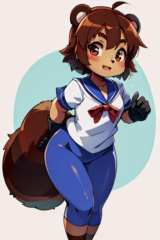 boy, tanuki, furry, bodyfur, tail, Sailor suit, short sleeve, color tights, gloves, barefoot