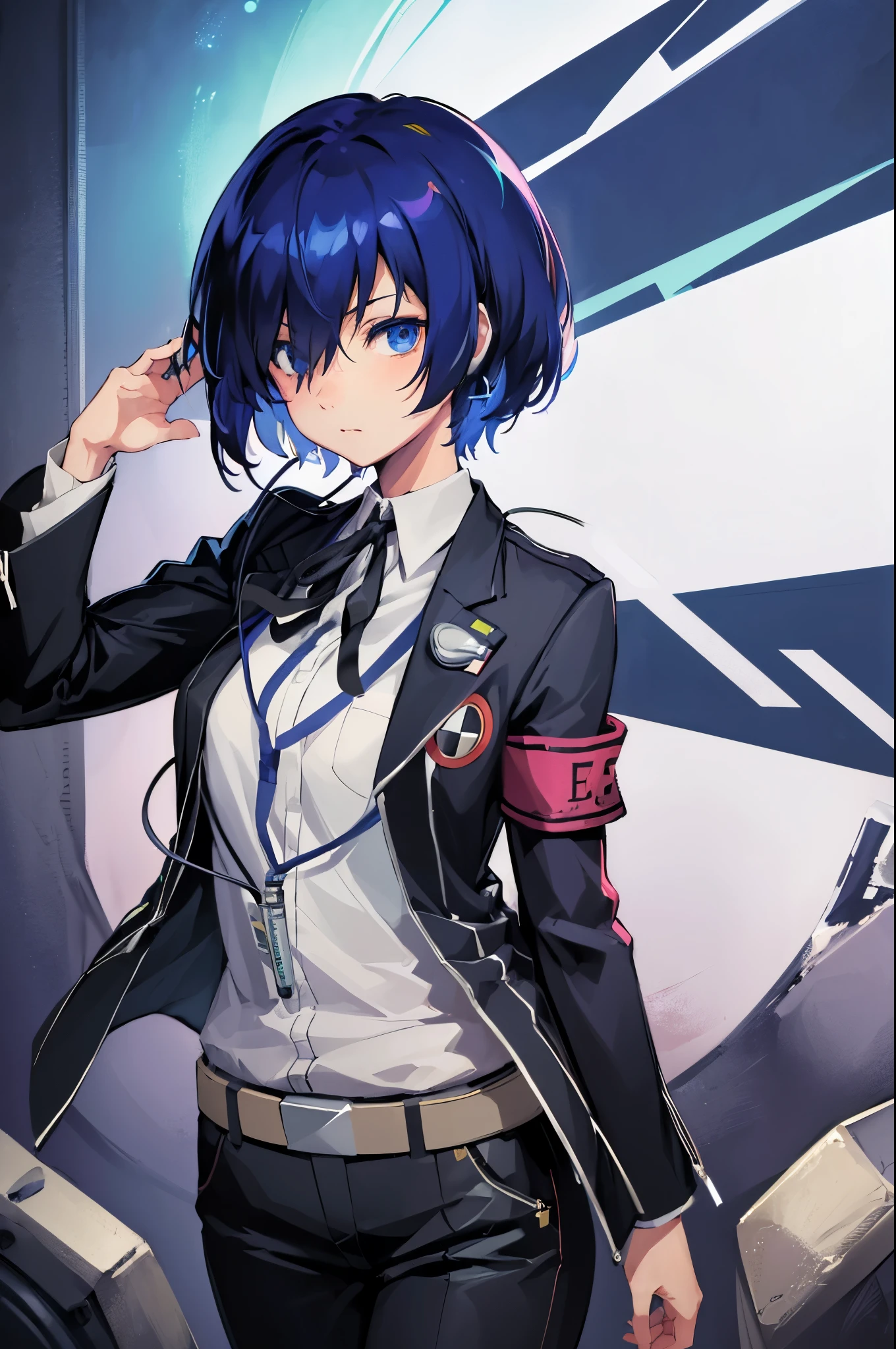 (masterpiece, best quality:1.2), expressive eyes, perfect face, highres,1girl, solo, (female:1.5), yuki makoto, hair over one eye, medium hair, headphones, (school uniform:1.1), pants,jacket, ribbon, armband, digital media player, night city, standing, cowboy shot, looking at the viewer