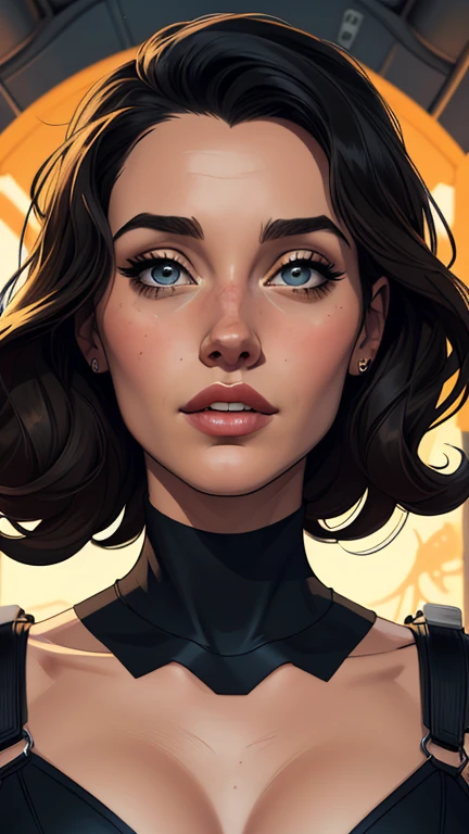 Personagem mulher estilo atompunk Fallout 4 cabelos pretos  atriz Ella Purnell com marcas de guerras Imagem de desenho animado de uma mulher .Ilustracaoo estilo desenho animado, estilo de arte dos desenhos animados, estilo de arte dos desenhos animados, digital illustration style, estilo atompunk design de personagens altamente detalhado, arte digital detalhada coragem,actress Ella Purnell with black hair slim body Forest fan art, Design de cabelos pretos personagens de retrato, beautiful digital illustration, retrato de alta qualidade, Arte em quadrinhos, s . Eyelined eyes, medium bust and wonderful sexy clothes. image expression of sexual desire from waist to head illustration atompunk style Fallout 4 The perspective is from below, enfatizando a majestade e o poder da Gigante."actress Ella Purnell black hairstyle Cartoon style digital illustration GTA style