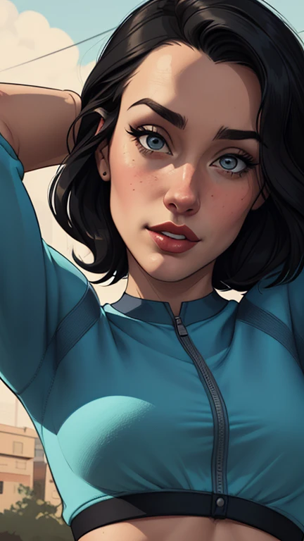 Personagem mulher estilo atompunk Fallout 4 cabelos pretos atriz Ella Purnell com marcas de guerras Imagem de desenho animado de uma mulher .Ilustracaoo estilo desenho animado, estilo de arte dos desenhos animados, estilo de arte dos desenhos animados, digital illustration style, estilo atompunk design de personagens altamente detalhado, arte digital detalhada coragem,actress Ella Purnell with black hair slim body Forest fan art, Design de cabelos pretos personagens de retrato, beautiful digital illustration, retrato de alta qualidade, Arte em quadrinhos, s . Eyelined eyes, medium bust and wonderful sexy clothes. image expression of sexual desire from waist to head illustration atompunk style Fallout 4 The perspective is from below, enfatizando a majestade e o poder da Gigante."actress Ella Purnell black hairstyle Cartoon style digital illustration GTA style